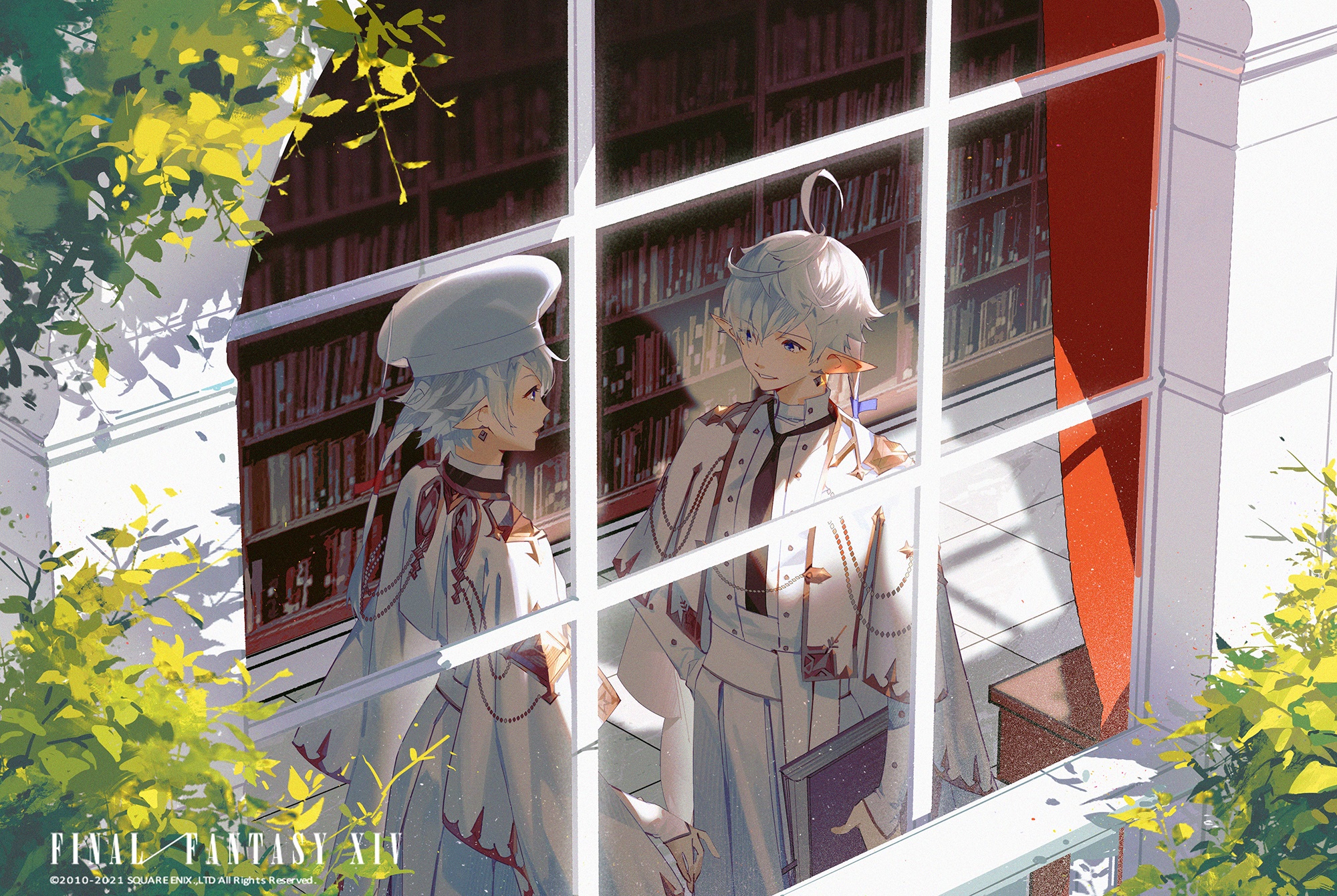 Alisaie and Alphinaud Leveilleur from Final Fantasy XIV in a library HD Wallpaper