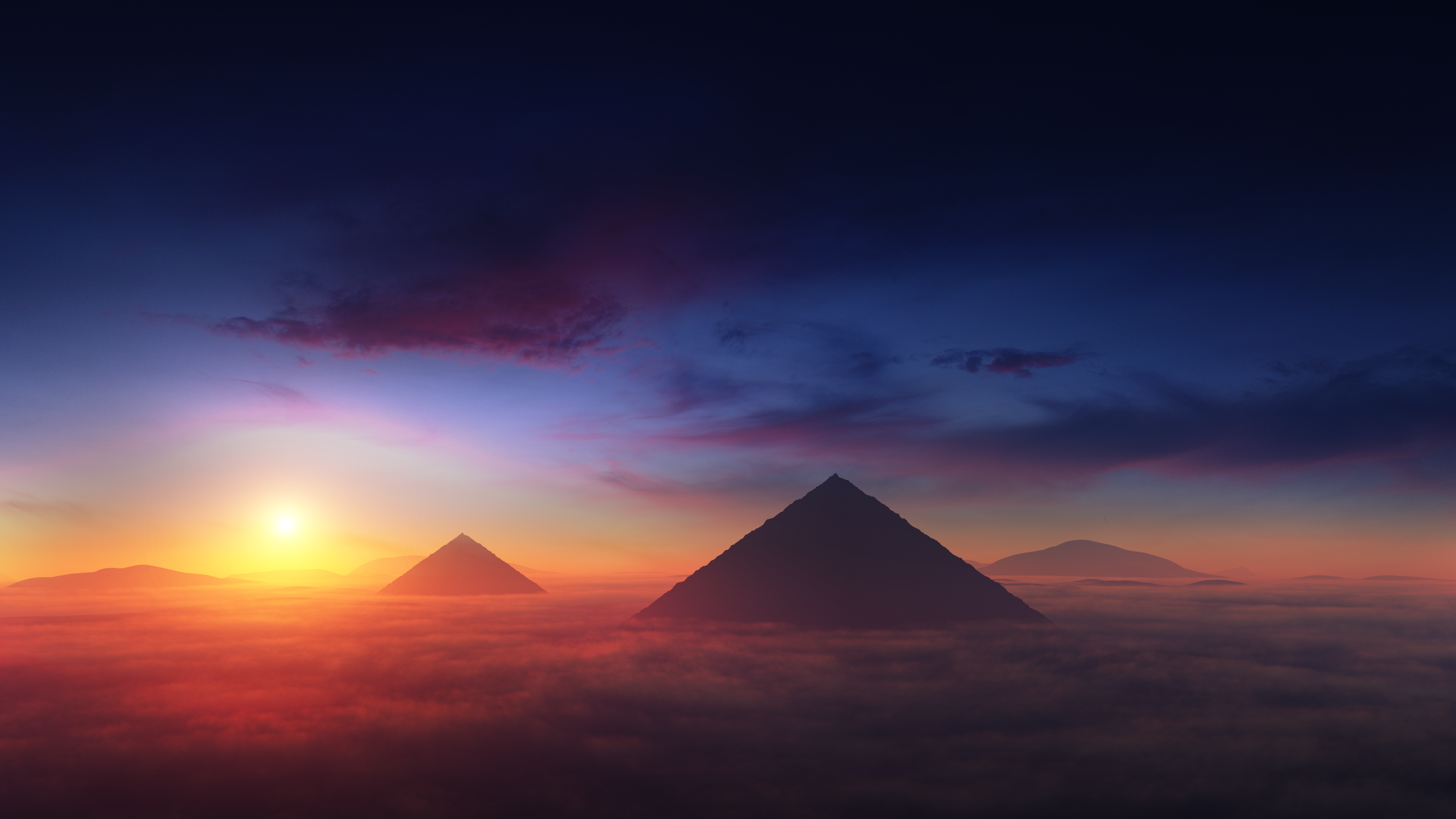 Pyramids emerging from clouds at sunrise HD Wallpaper