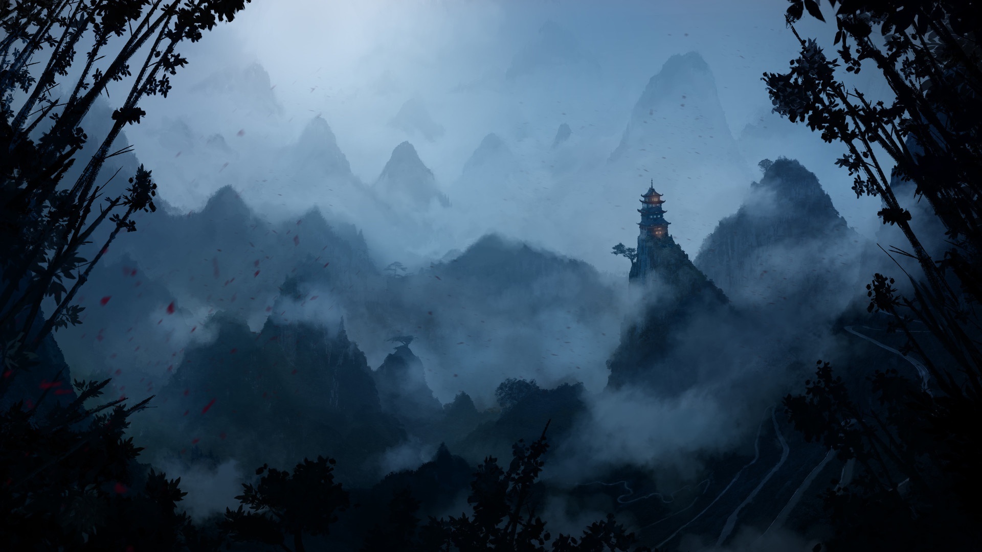 Fantasy landscape with mountains and a pagoda HD Wallpaper