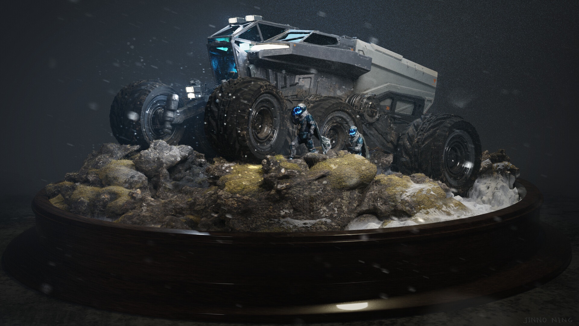 Sci-Fi vehicle with astronauts on rocky terrain HD Wallpaper