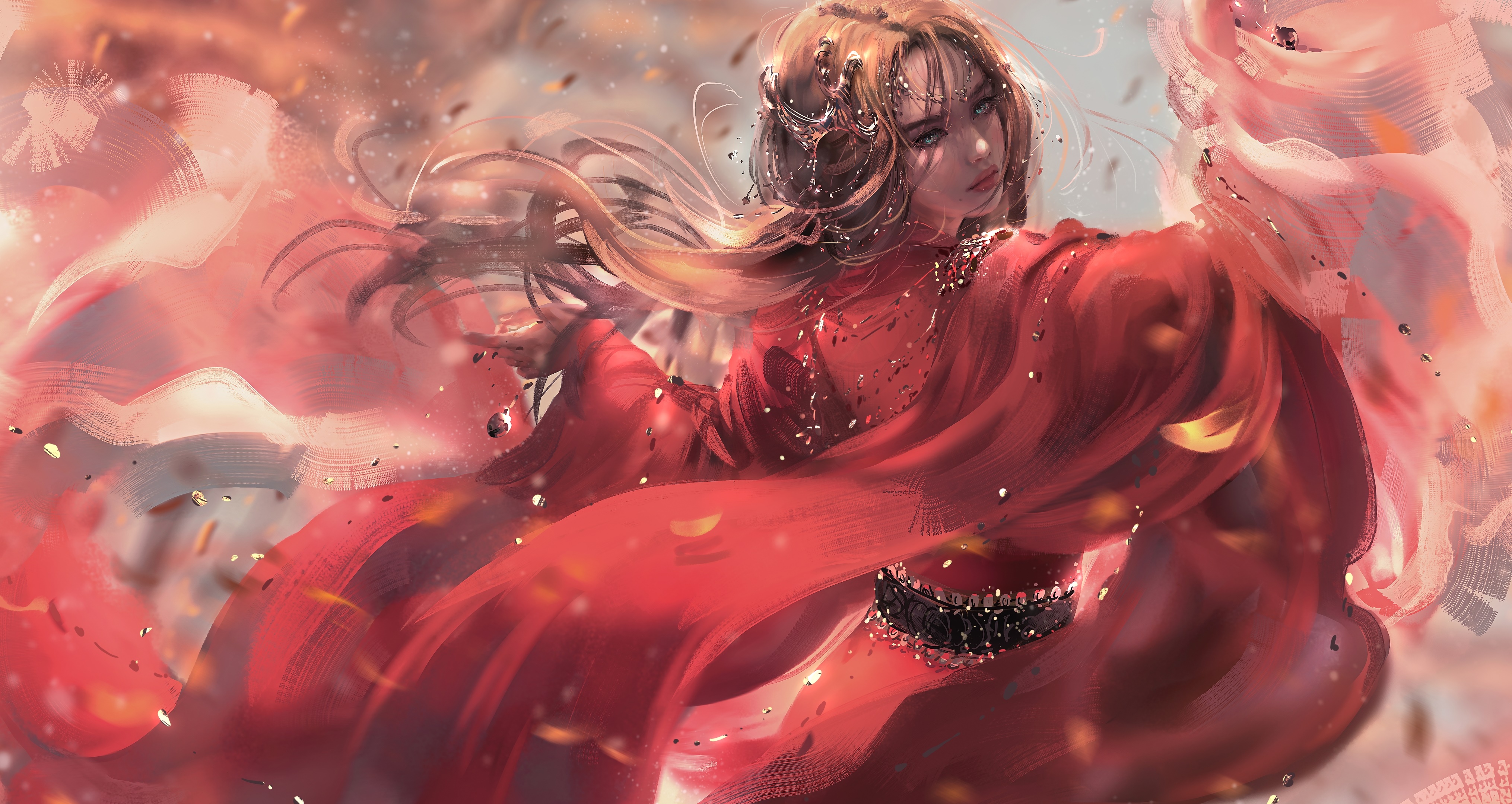 Fantasy Woman in Red Dress with Flowing Hair 4K HD Wallpaper