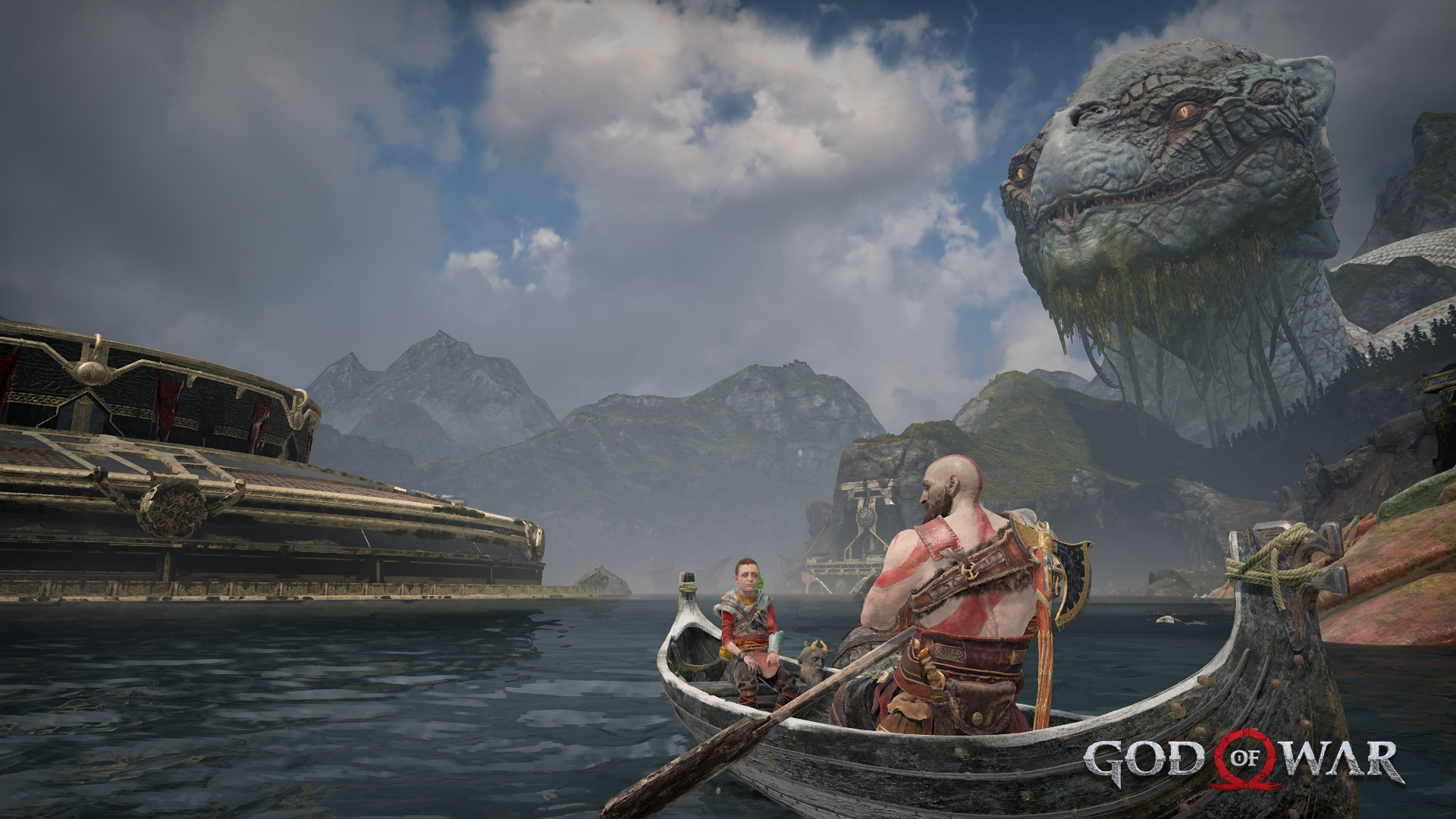 Kratos and Atreus in a boat with the World Serpent HD Wallpaper