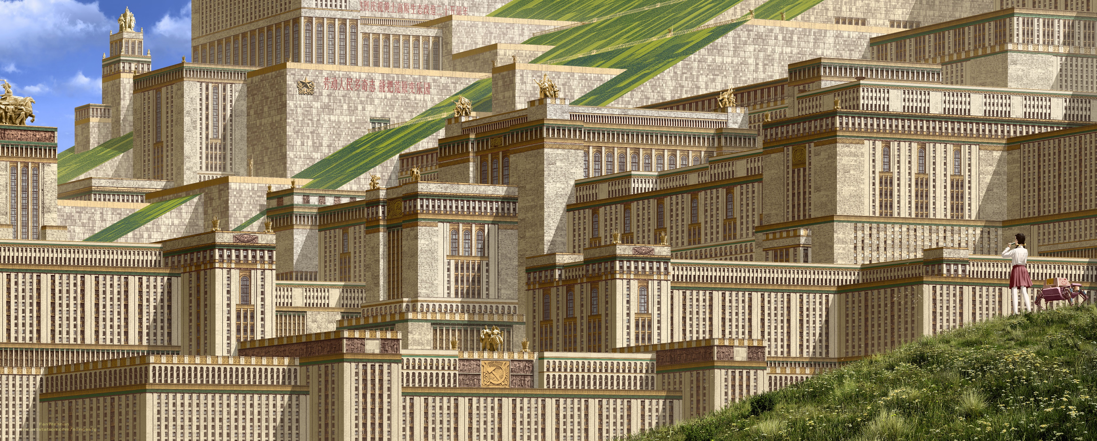 Terraced ancient city with green slopes HD Wallpaper