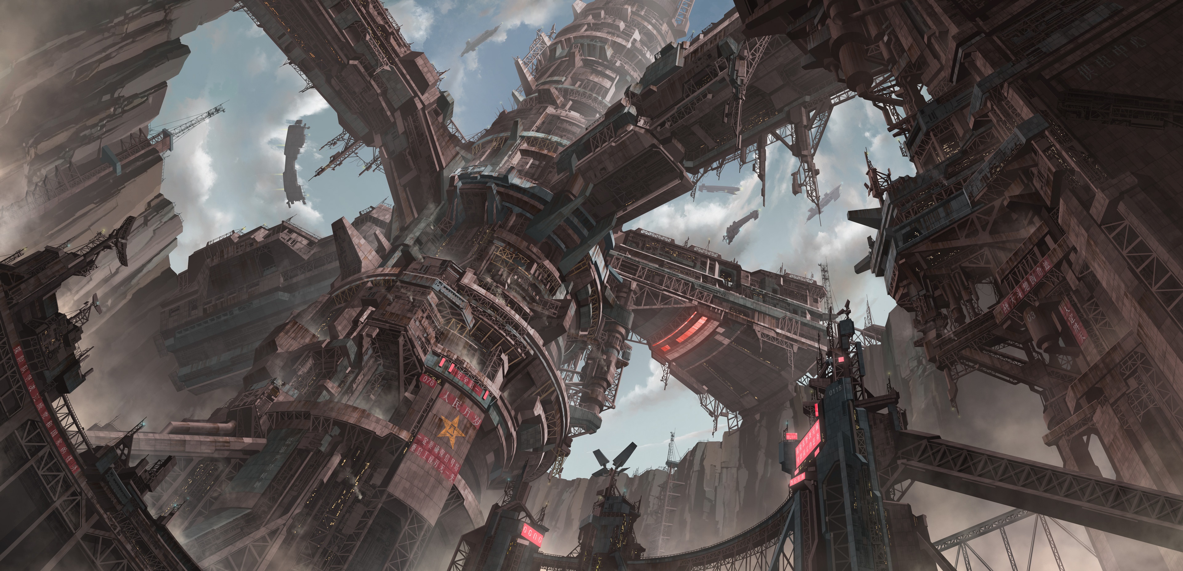 Massive Sci-Fi Industrial Structure Under Cloudy Sky HD Wallpaper