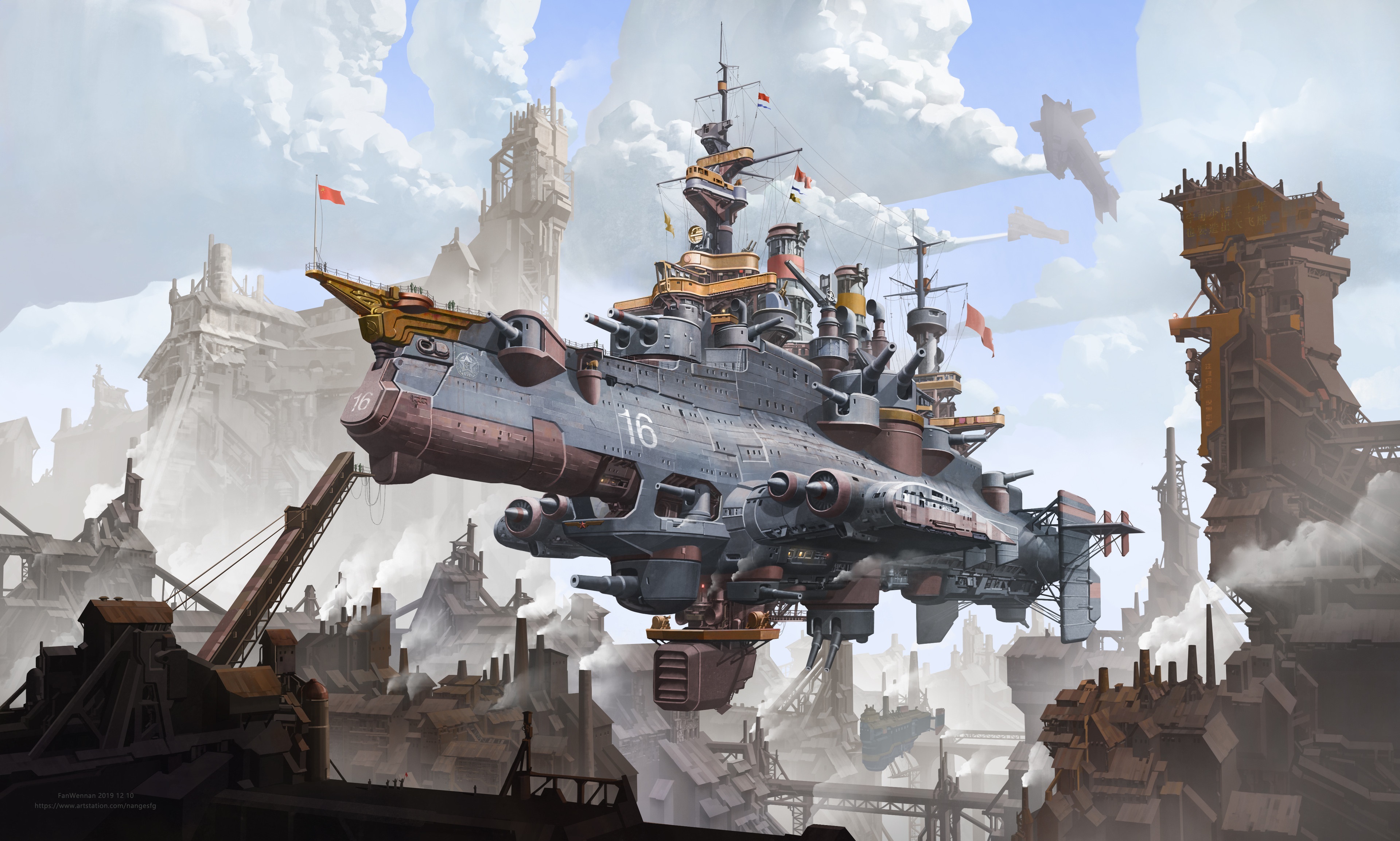 Steampunk Battleship in Industrial City HD Wallpaper