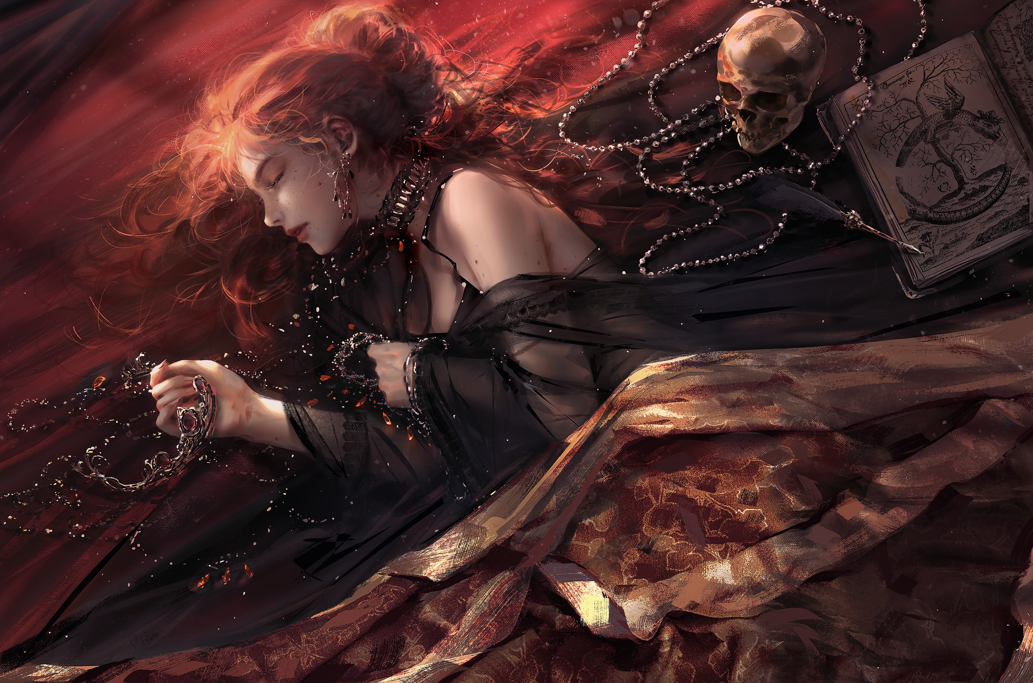 Fantasy woman with red hair and skull HD Wallpaper