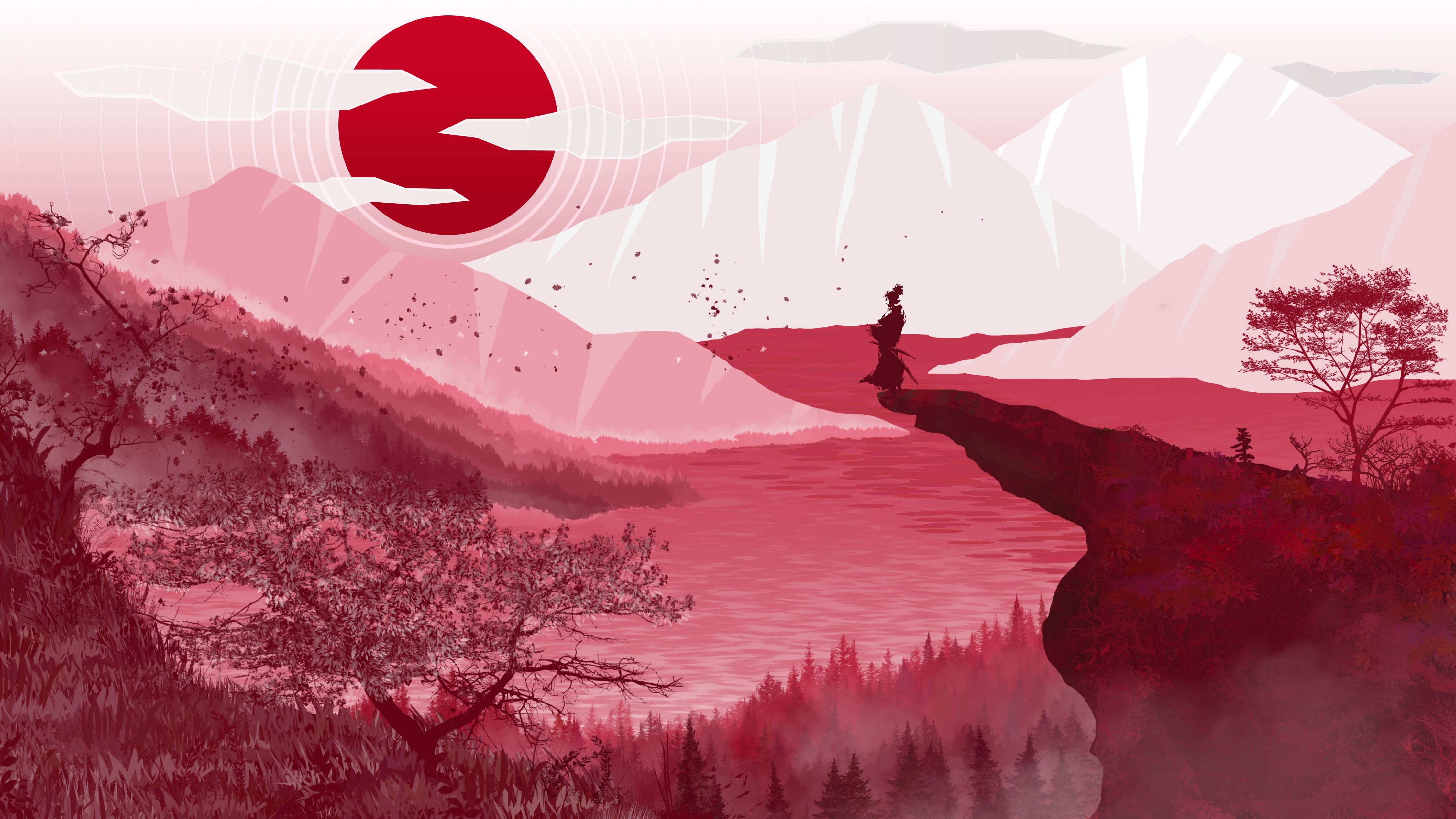 Samurai on Cliff Overlooking Lake with Mountains and Sun HD Wallpaper