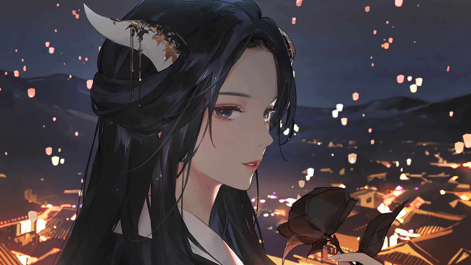 Girl with horns holding a black rose at night HD Wallpaper