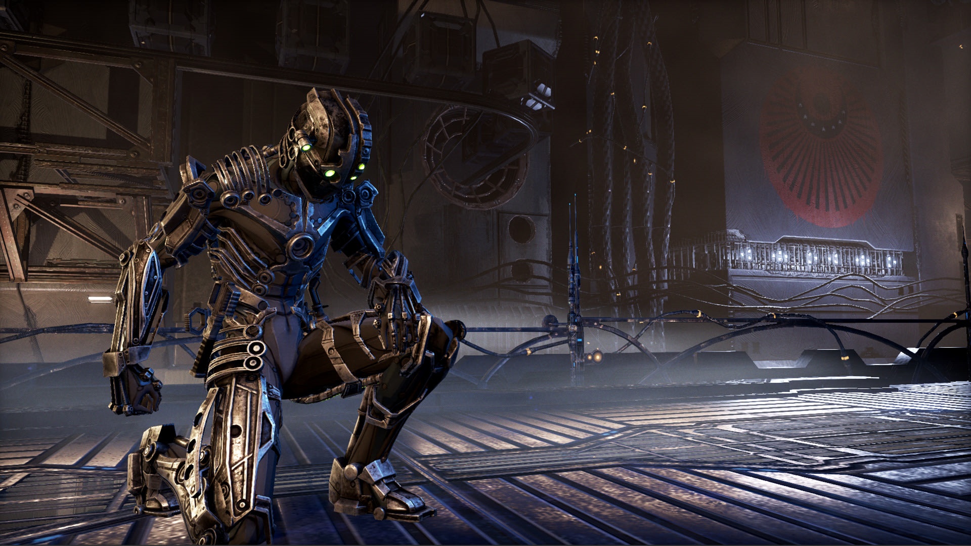 A robotic warrior kneels in a dark industrial setting HD Wallpaper
