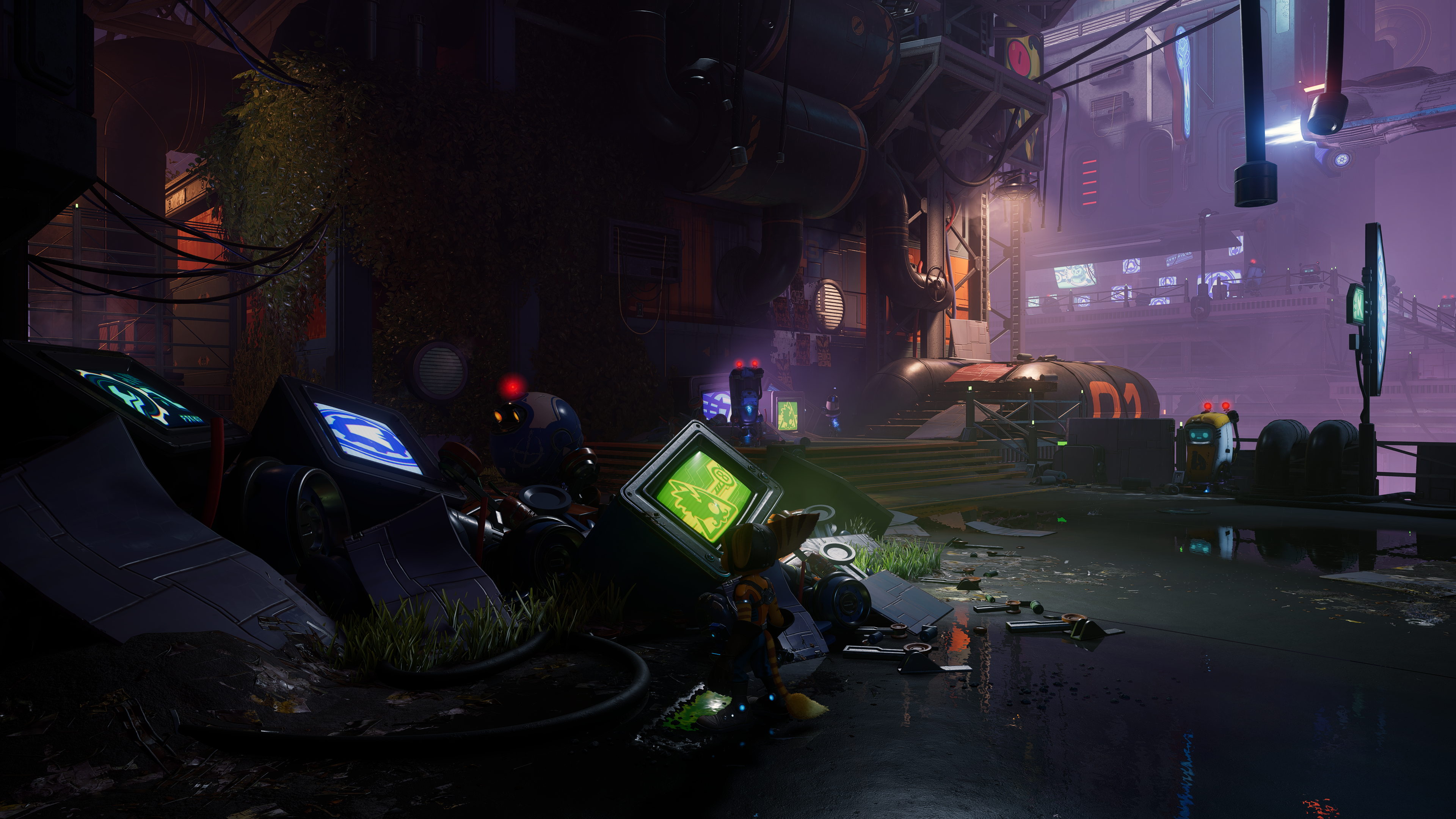 Ratchet & Clank in a dark, futuristic city HD Wallpaper