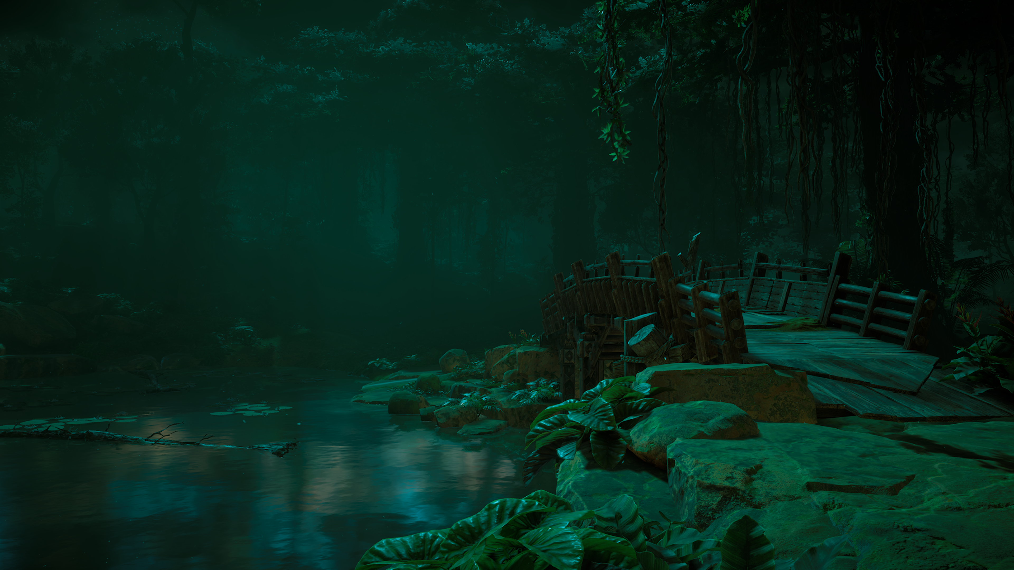 Wooden bridge over a dark, misty river in a forest HD Wallpaper