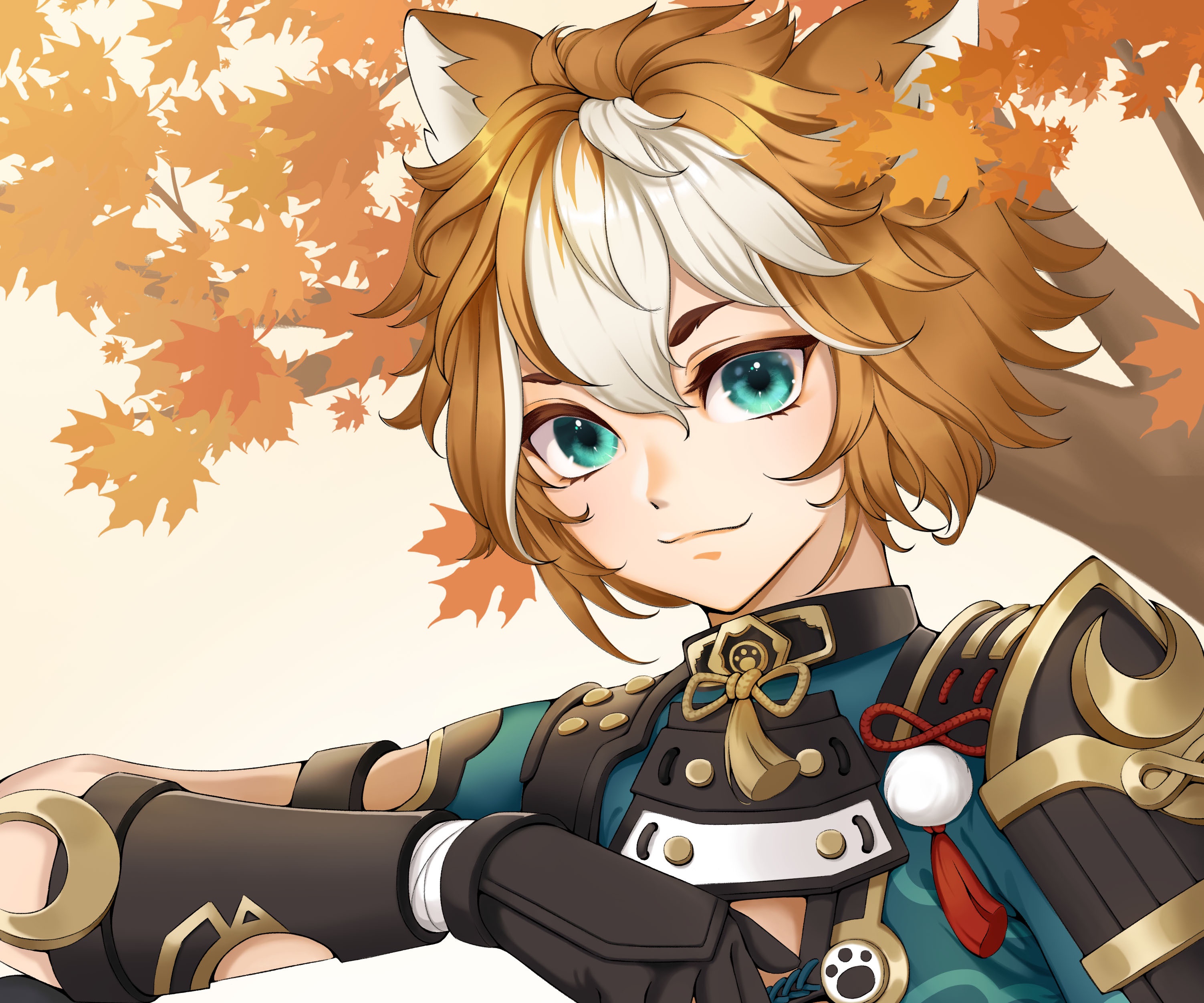 Gorou from Genshin Impact with autumn leaves HD Wallpaper
