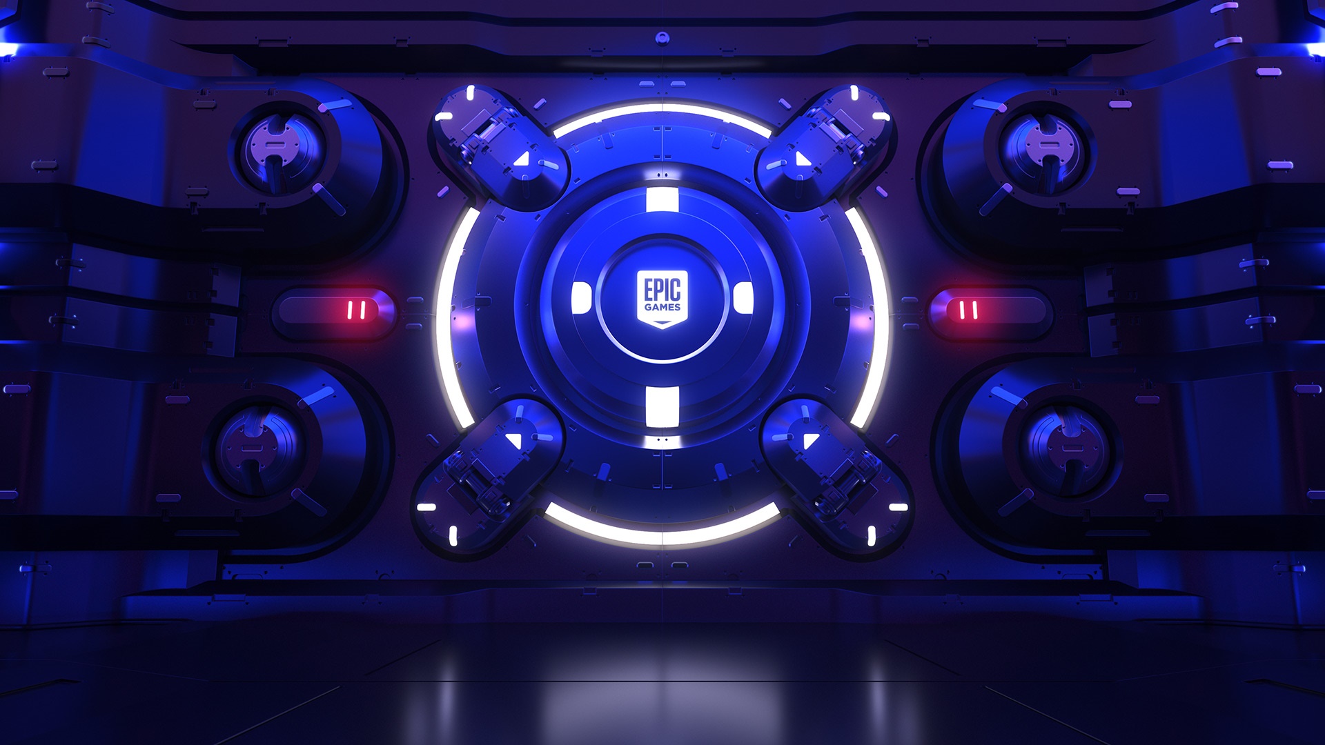 Epic Games logo on a futuristic blue and purple background HD Wallpaper
