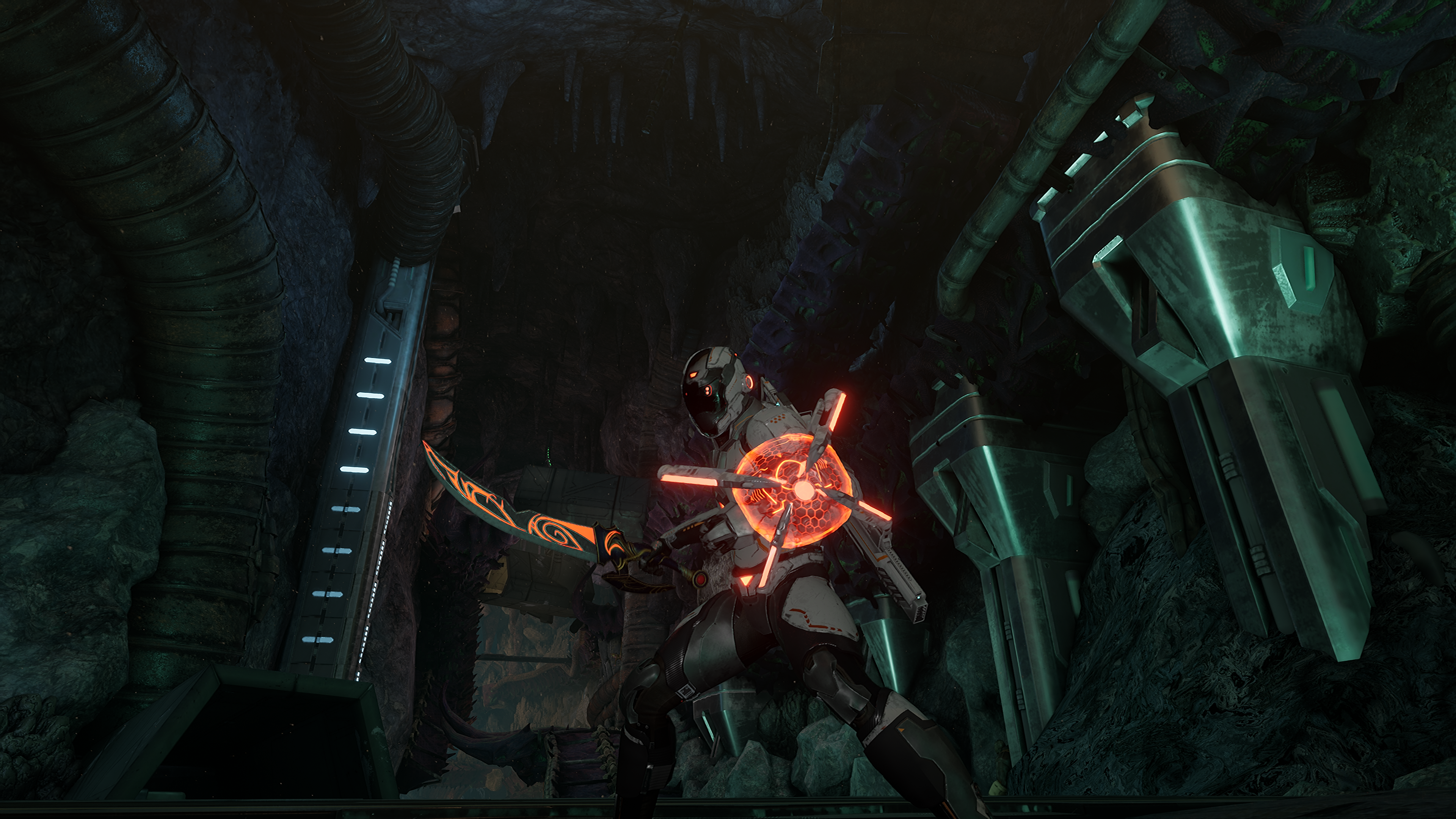 Sci-fi warrior with glowing sword and shield in cave HD Wallpaper