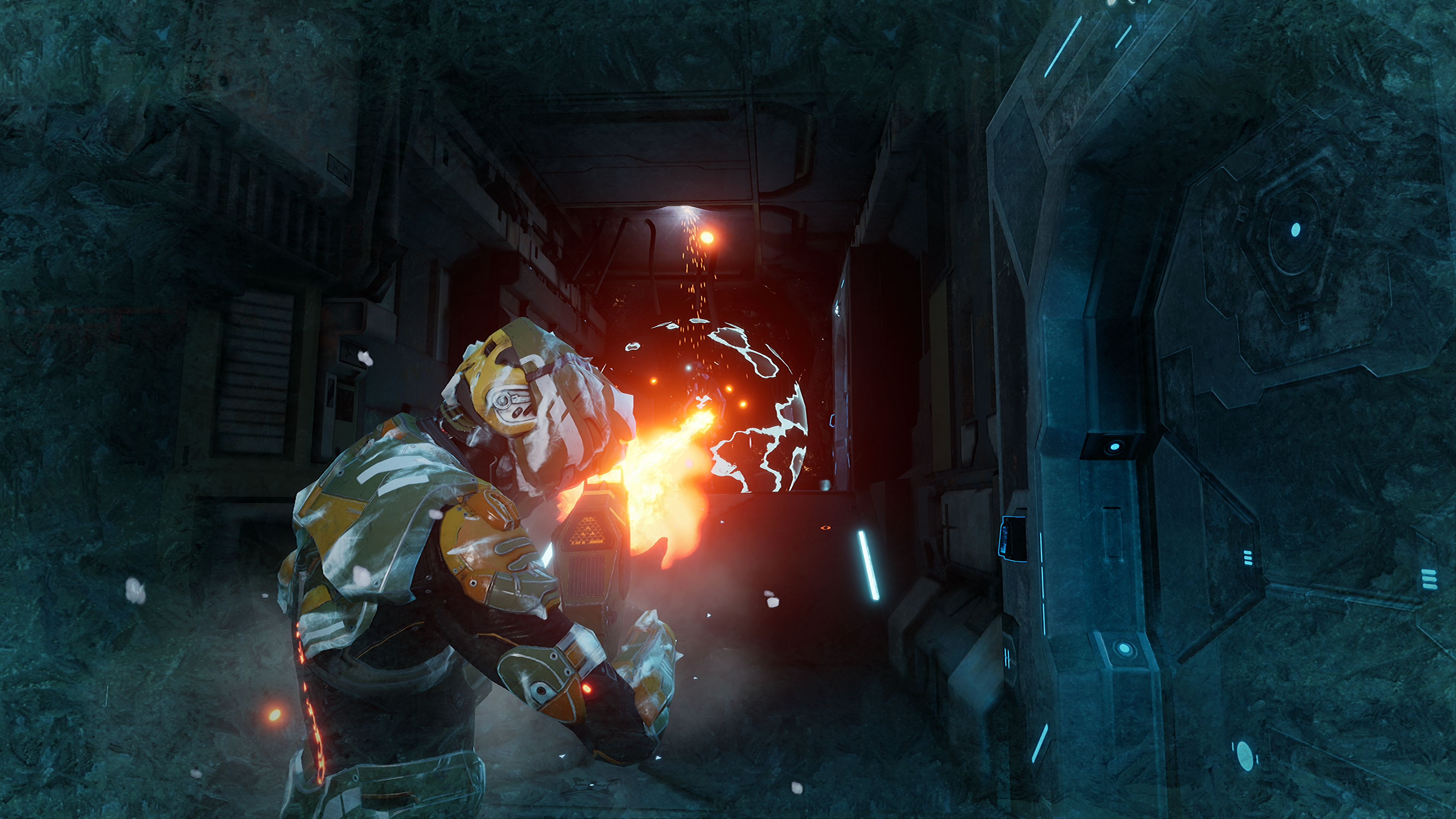 Soldier firing weapon in sci-fi corridor HD Wallpaper