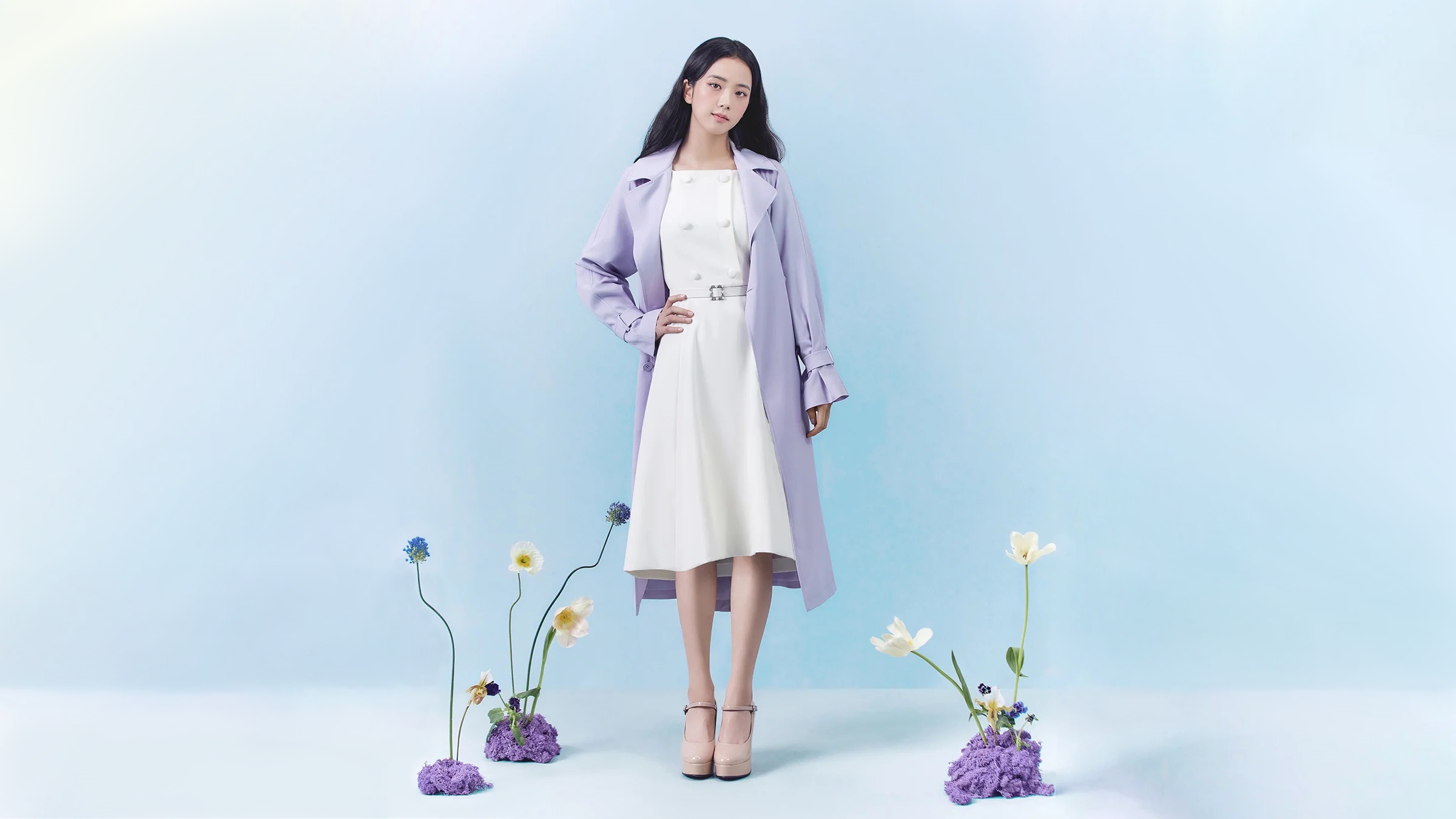 Jisoo from Blackpink wearing a white dress and lavender trench coat HD Wallpaper