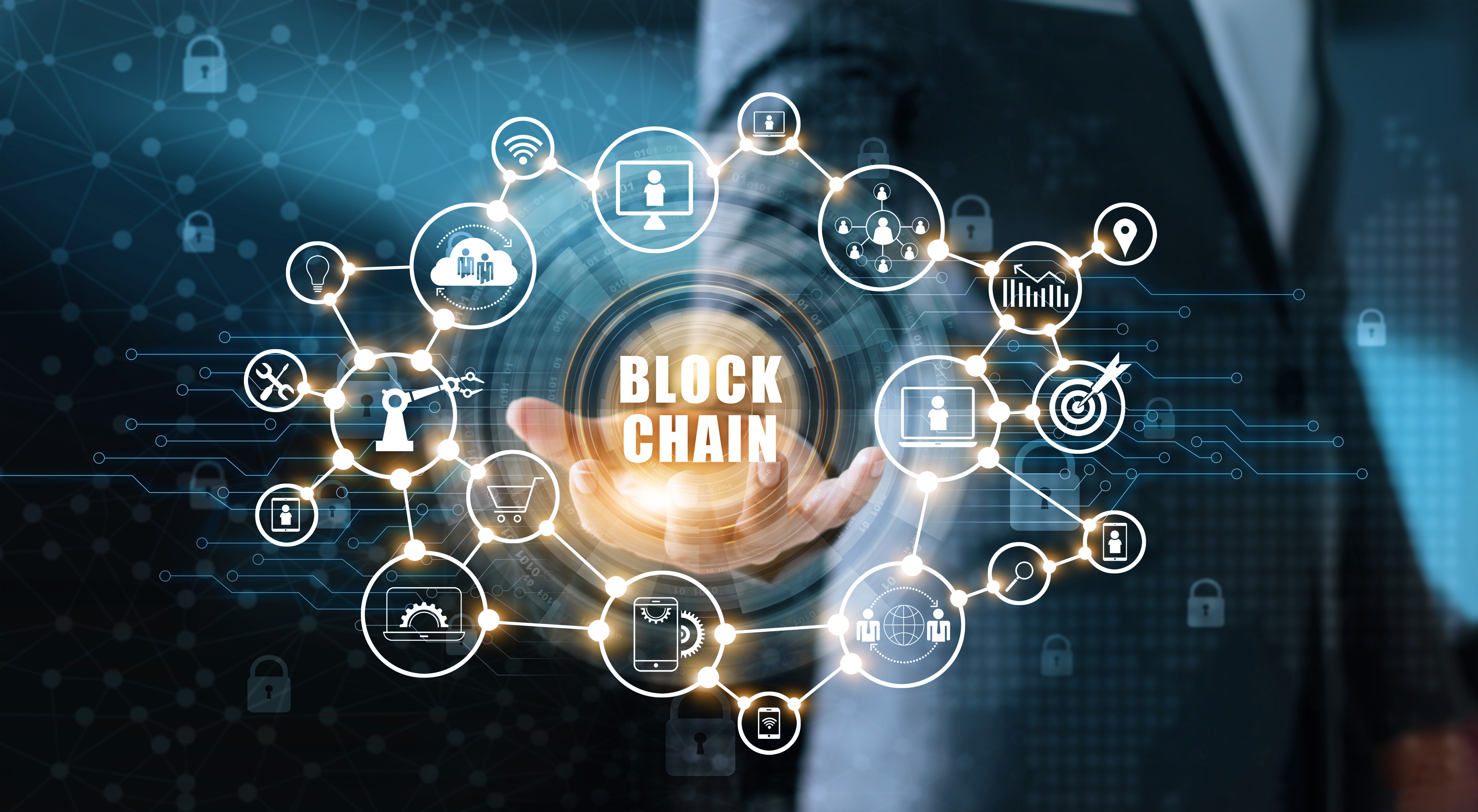Blockchain technology network with icons HD Wallpaper