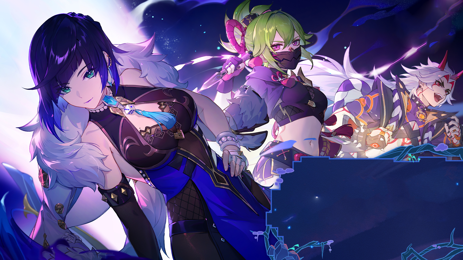 Yelan, Kuki Shinobu, and Arataki Itto from Genshin Impact HD Wallpaper