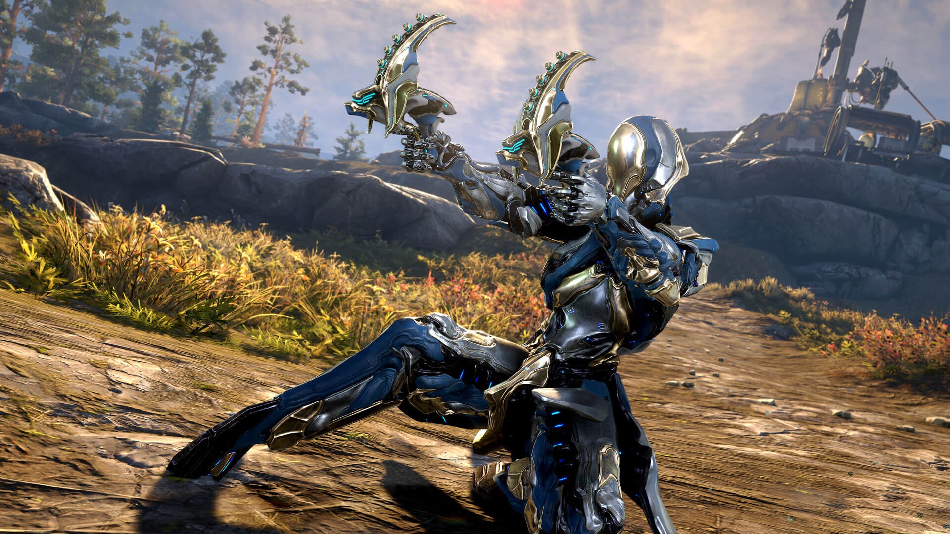 Warframe character with dual pistols in a landscape HD Wallpaper