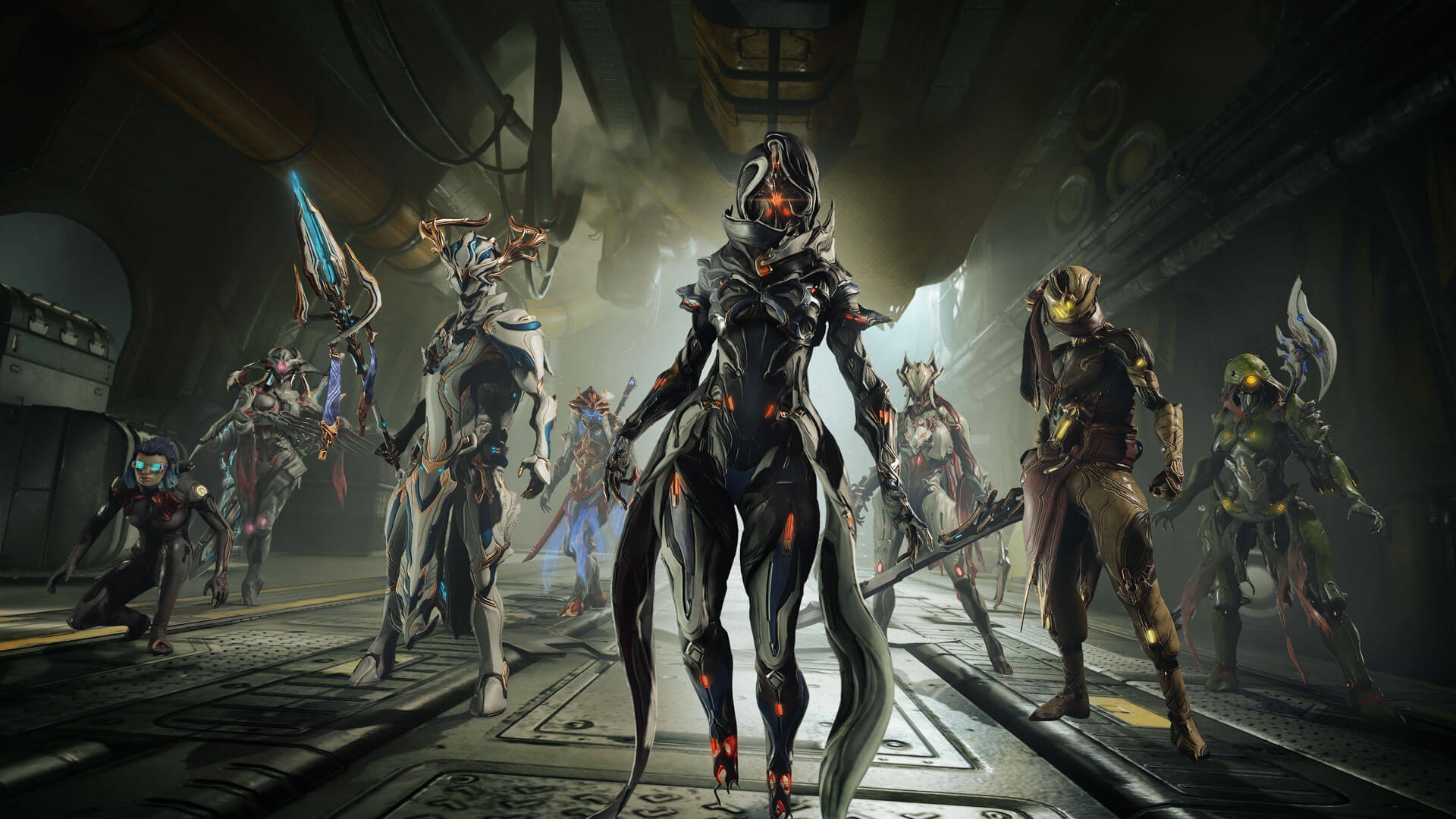 Group of Warframe characters standing on a metallic platform HD Wallpaper