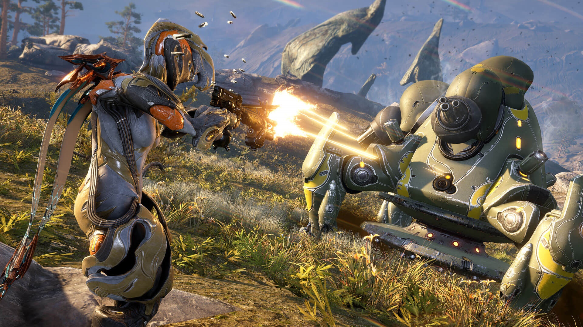 Warframe character fighting a robotic enemy HD Wallpaper