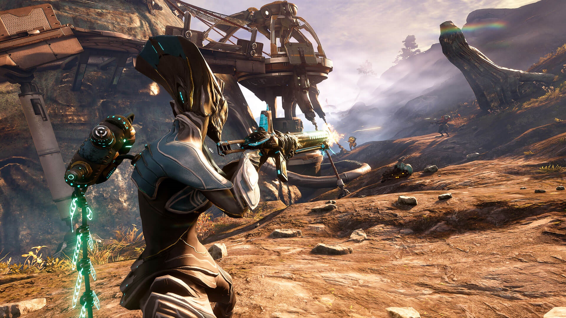 Warframe character aiming a weapon in a rocky landscape HD Wallpaper