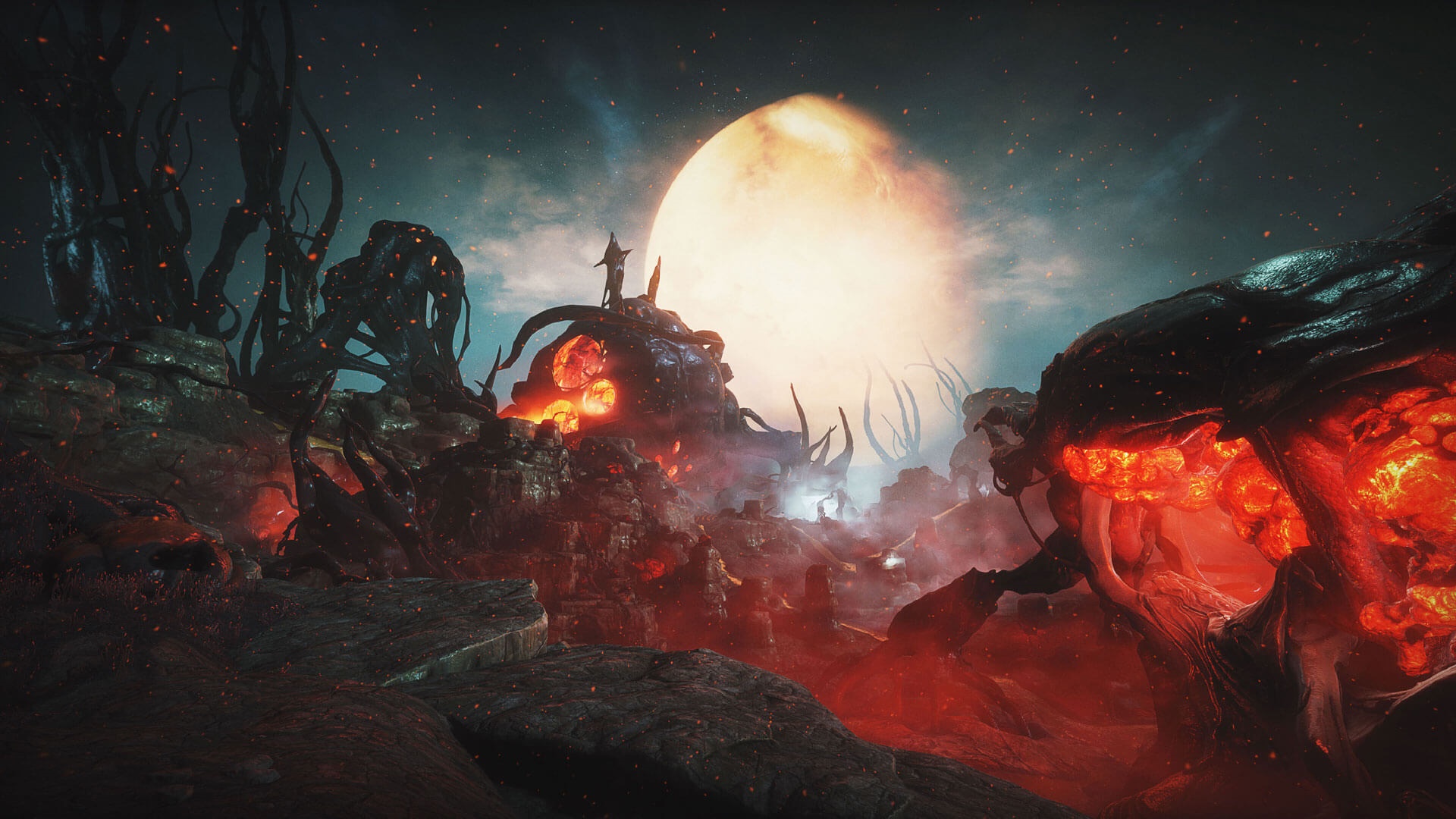 Warframe landscape with large moon and fiery growths HD Wallpaper