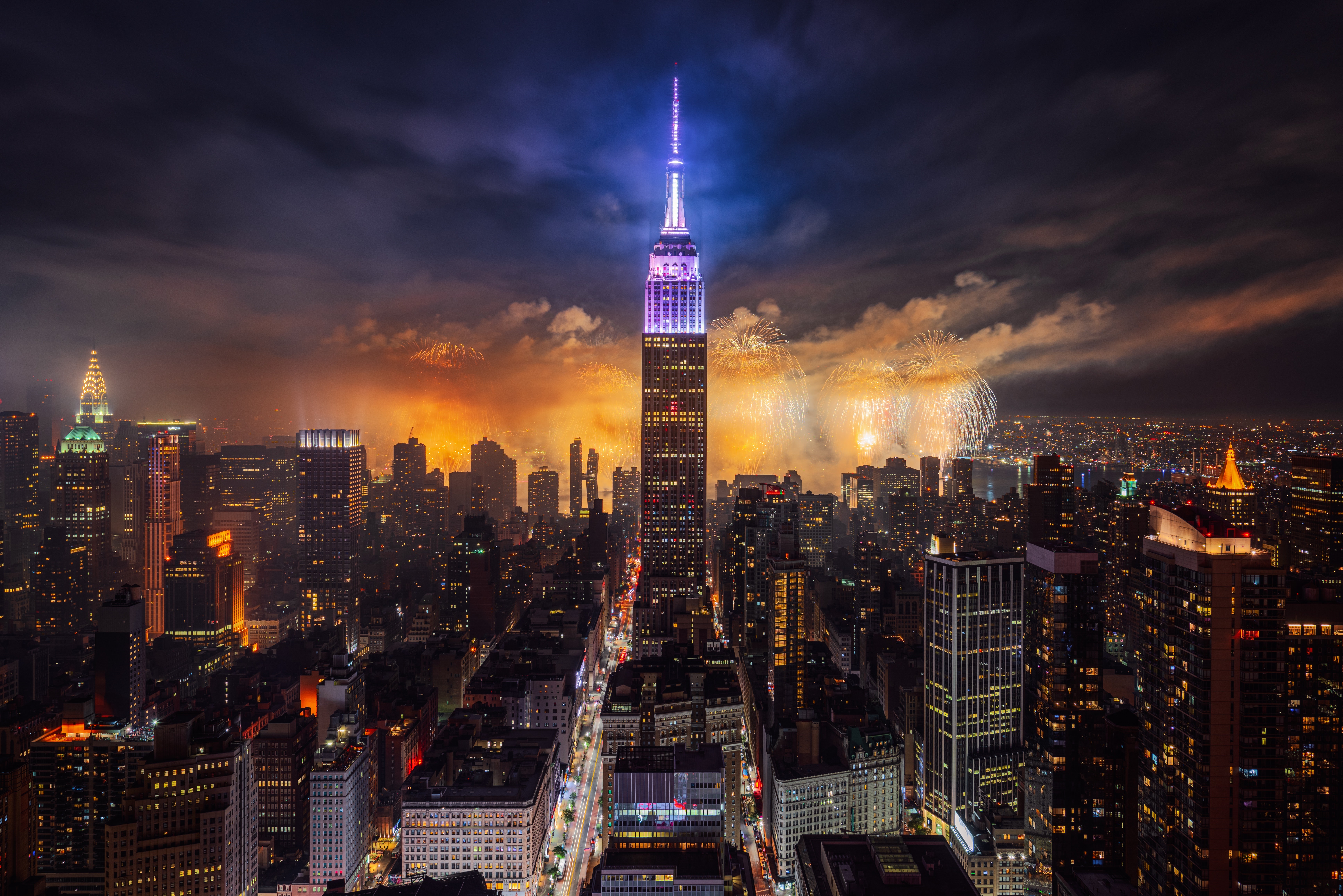Fireworks over New York City at night HD Wallpaper