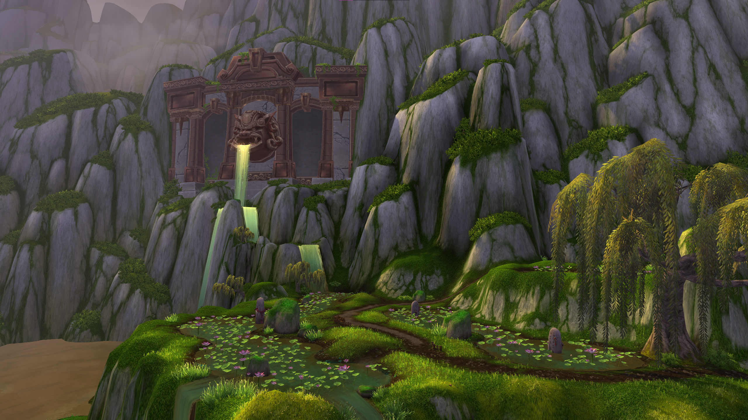 World of Warcraft Pandaria mountain temple with waterfalls HD Wallpaper