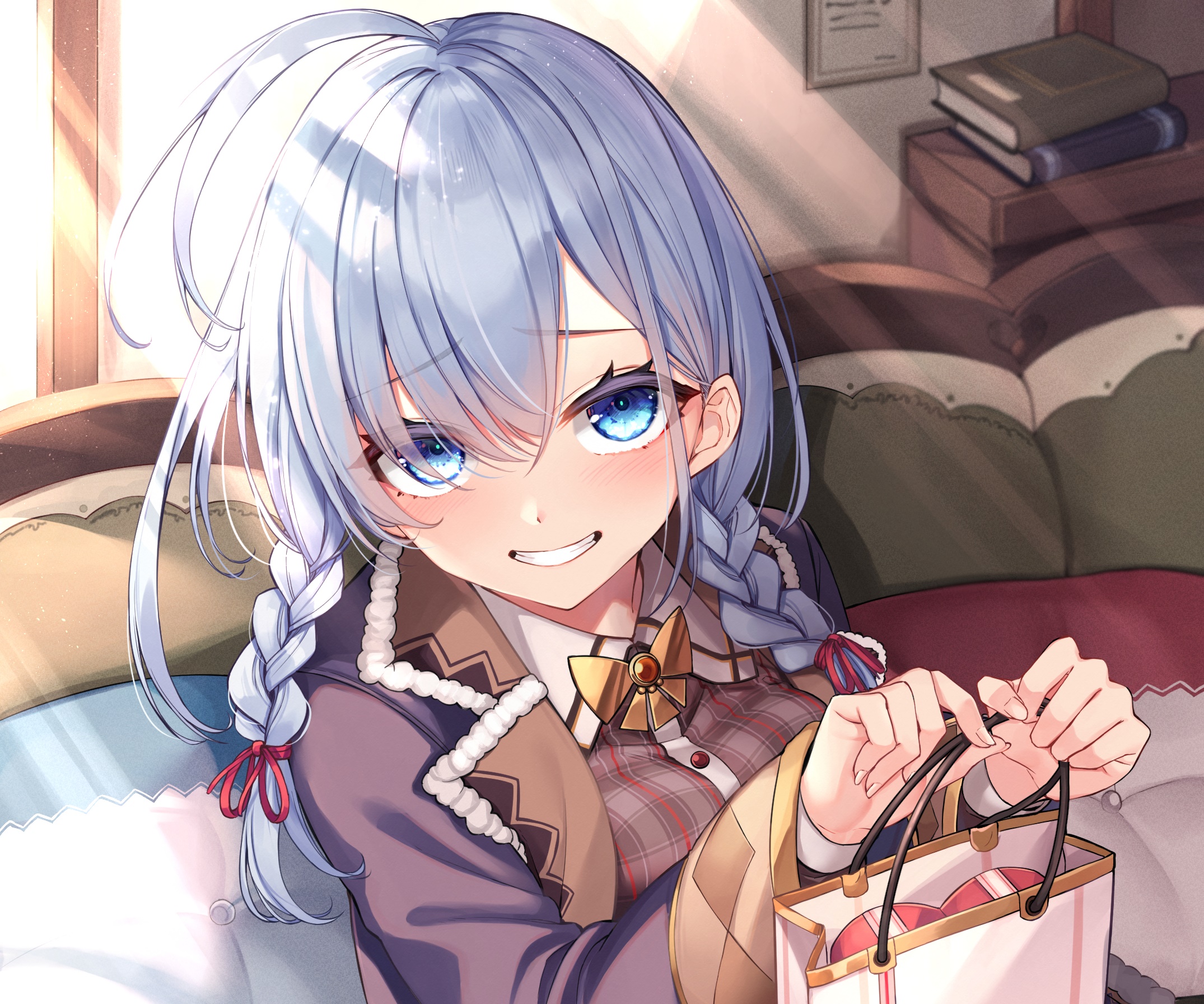 Anime girl with blue hair holding a gift bag HD Wallpaper