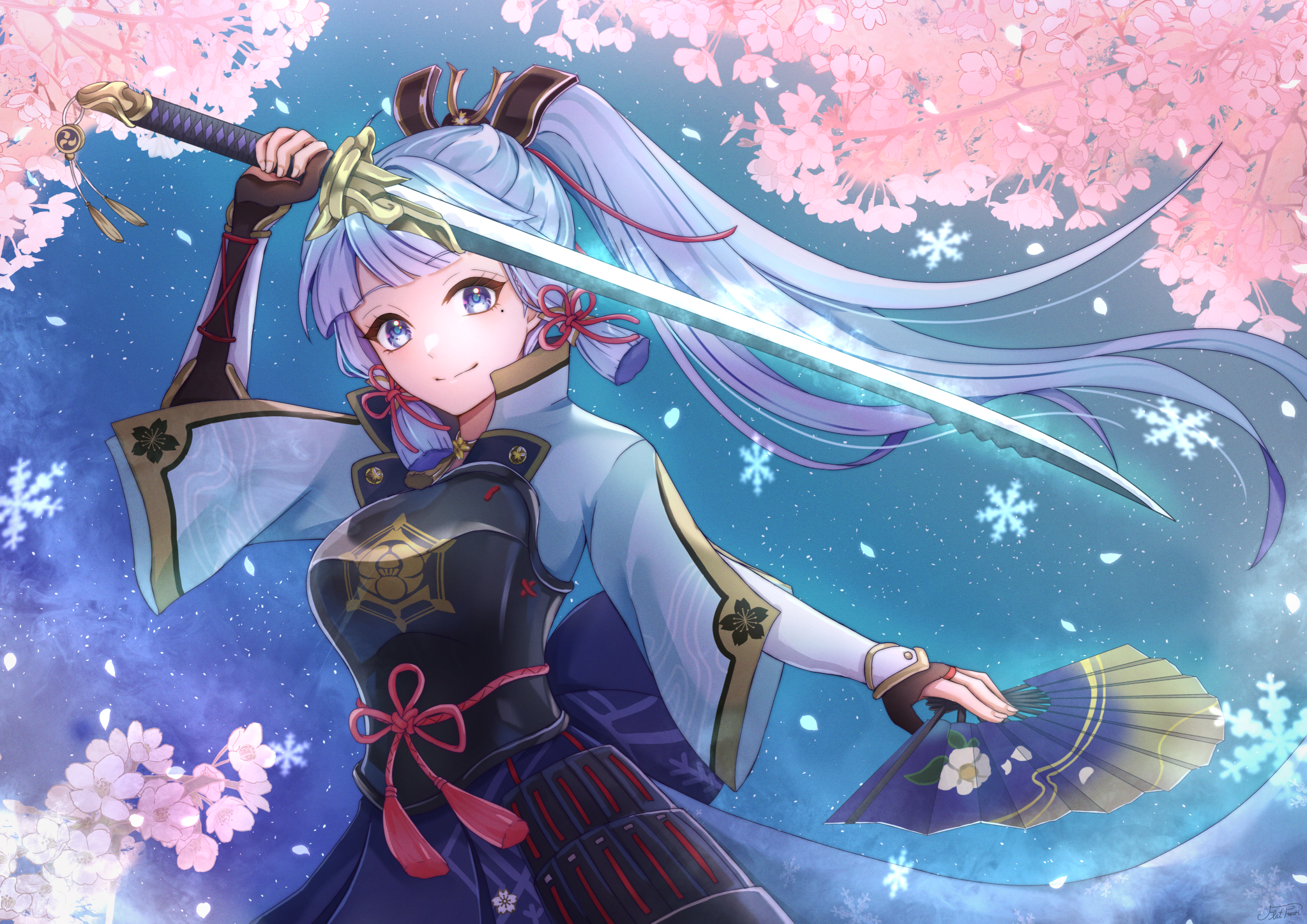 Kamisato Ayaka from Genshin Impact with a sword and fan HD Wallpaper