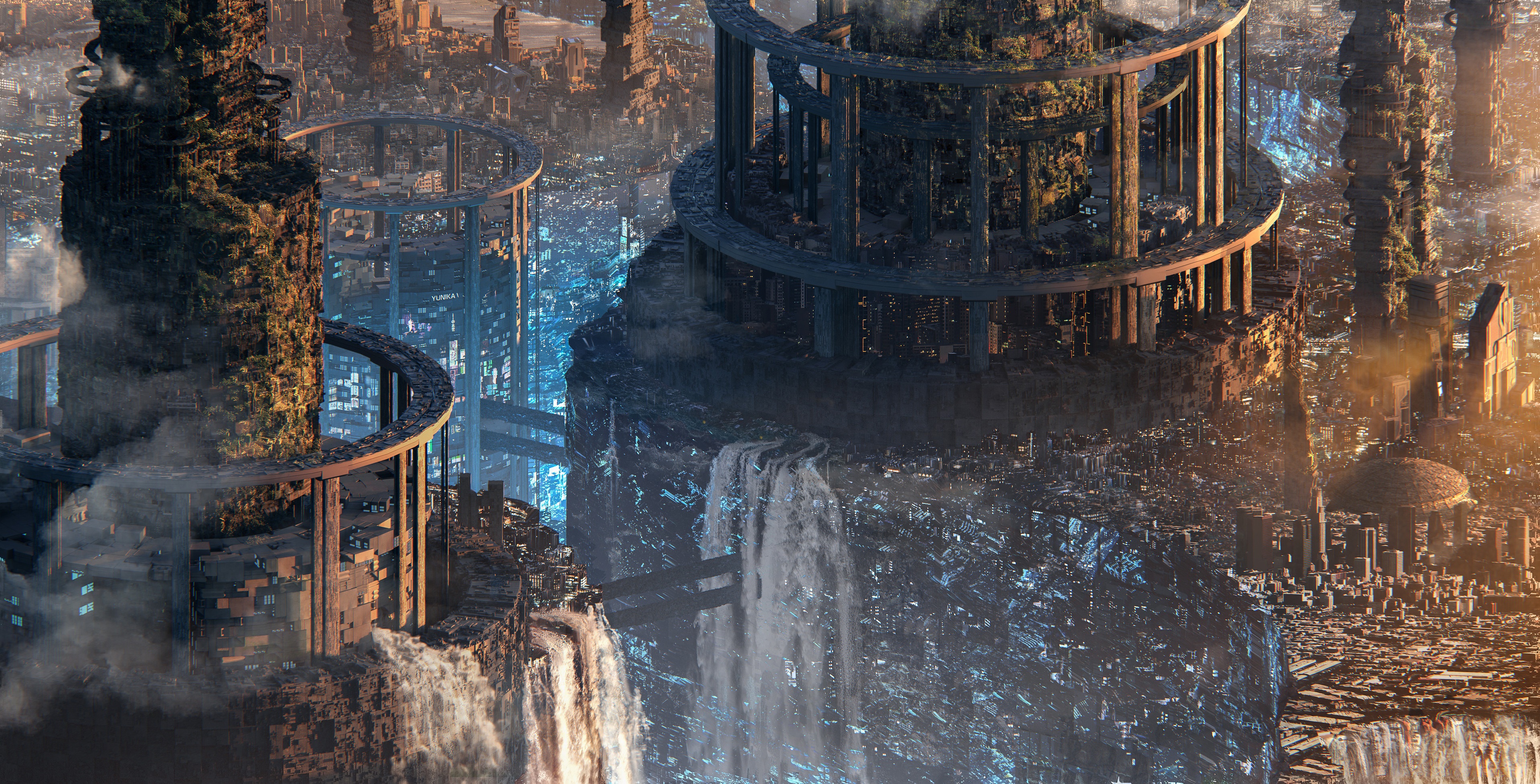 Futuristic city with waterfalls and overgrown structures HD Wallpaper