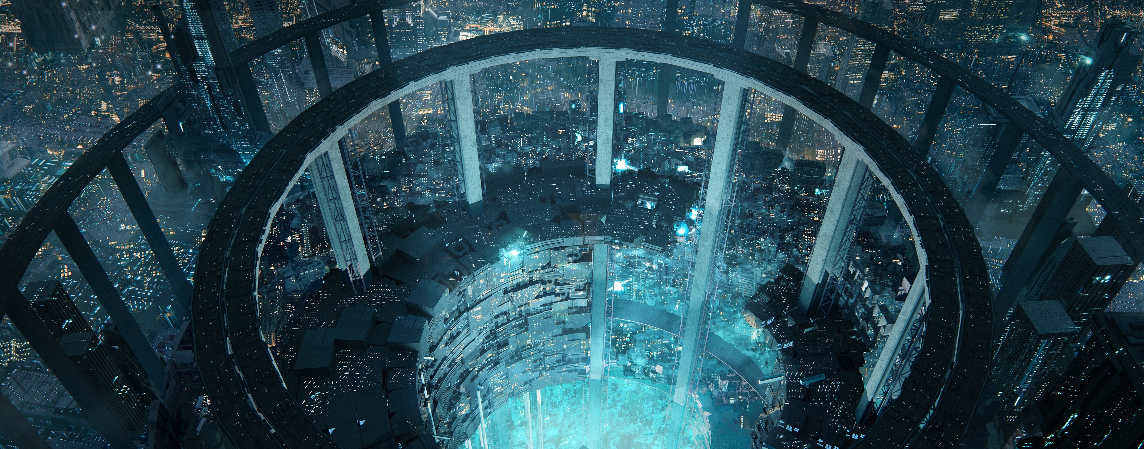 Futuristic city with a large circular structure HD Wallpaper