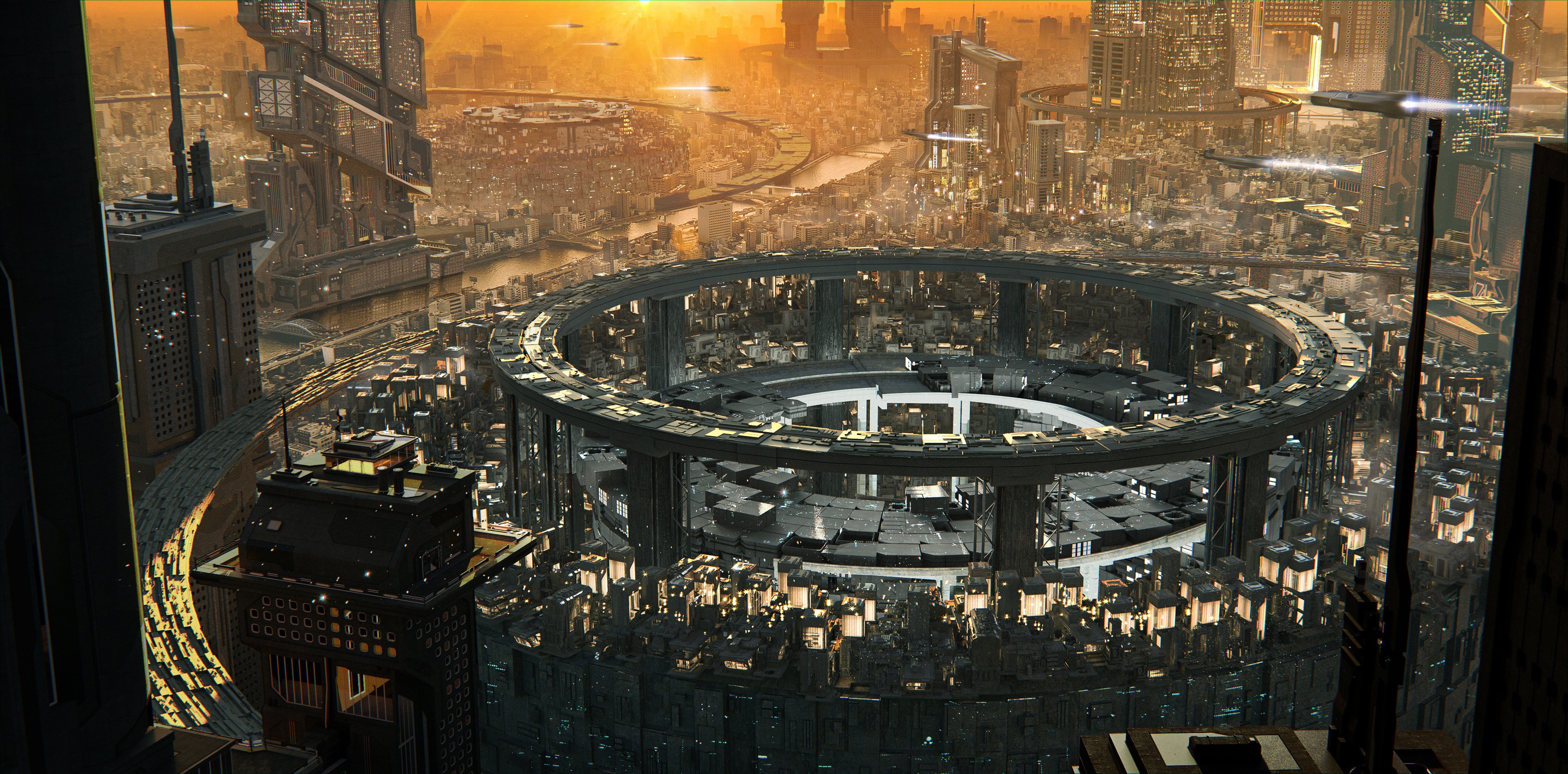 Futuristic Cityscape with Circular Structure HD Wallpaper
