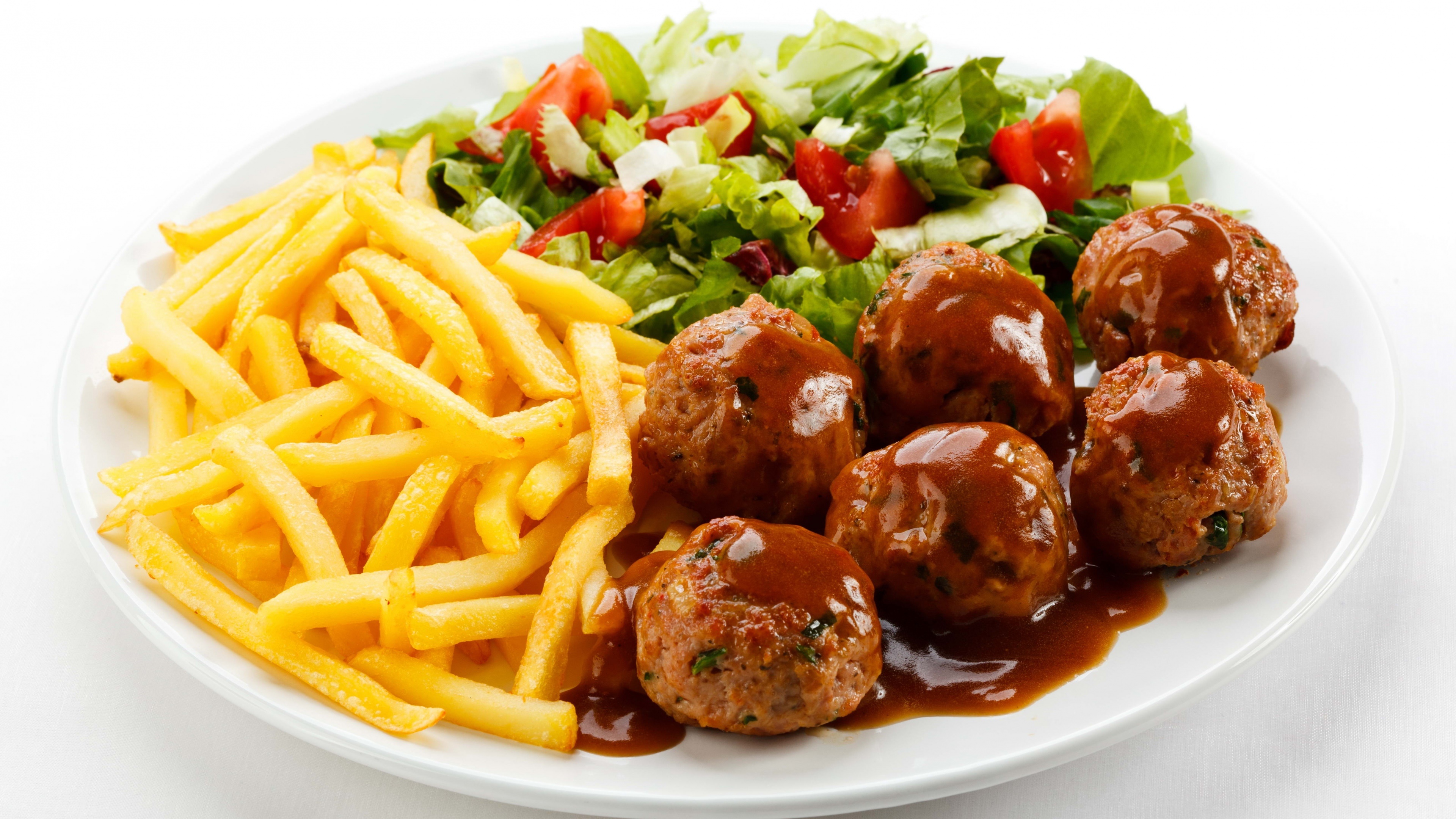 Meatballs with French Fries and Salad 4K HD Wallpaper