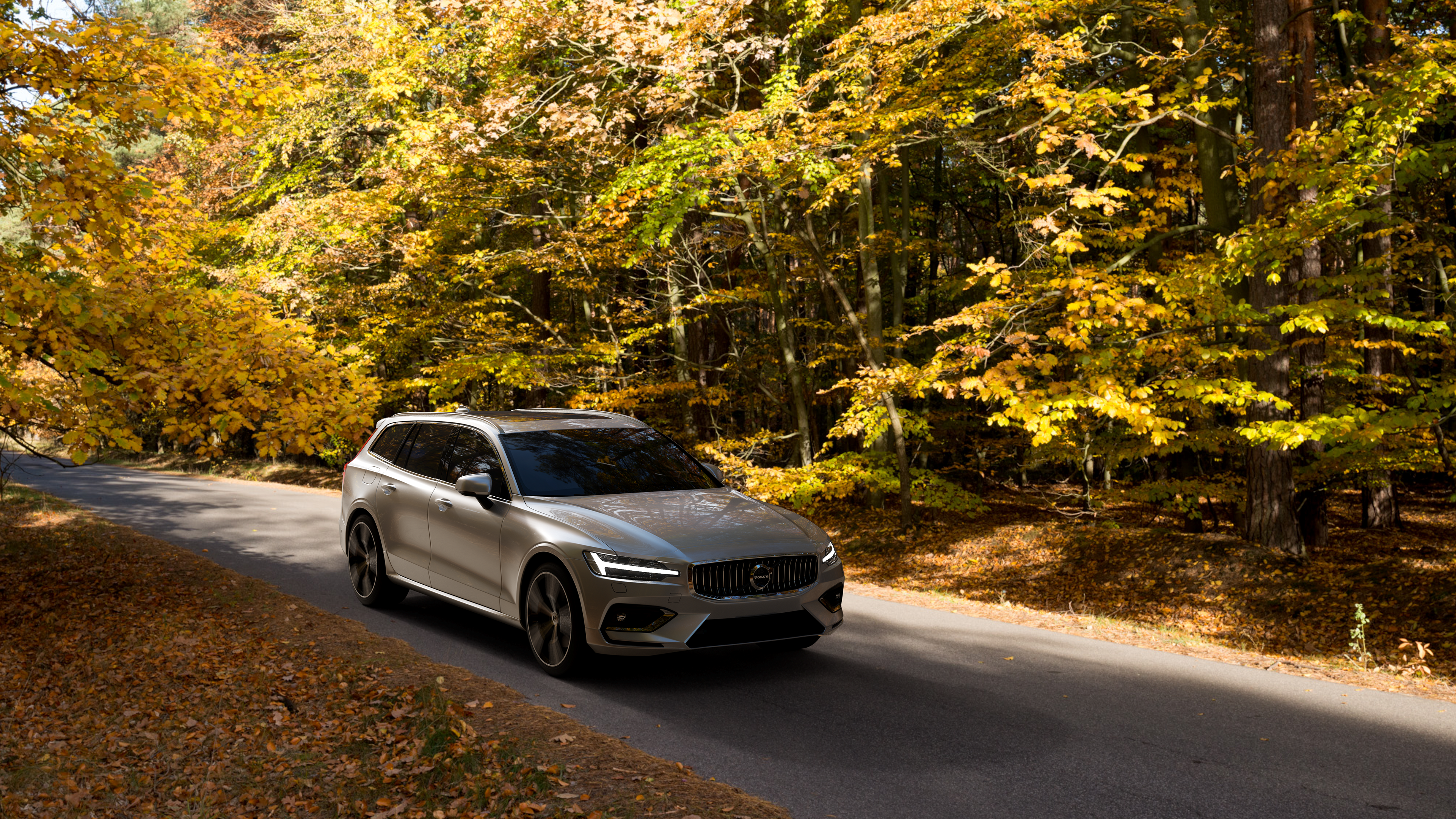 Silver Volvo V60 driving on a road in autumn forest HD Wallpaper