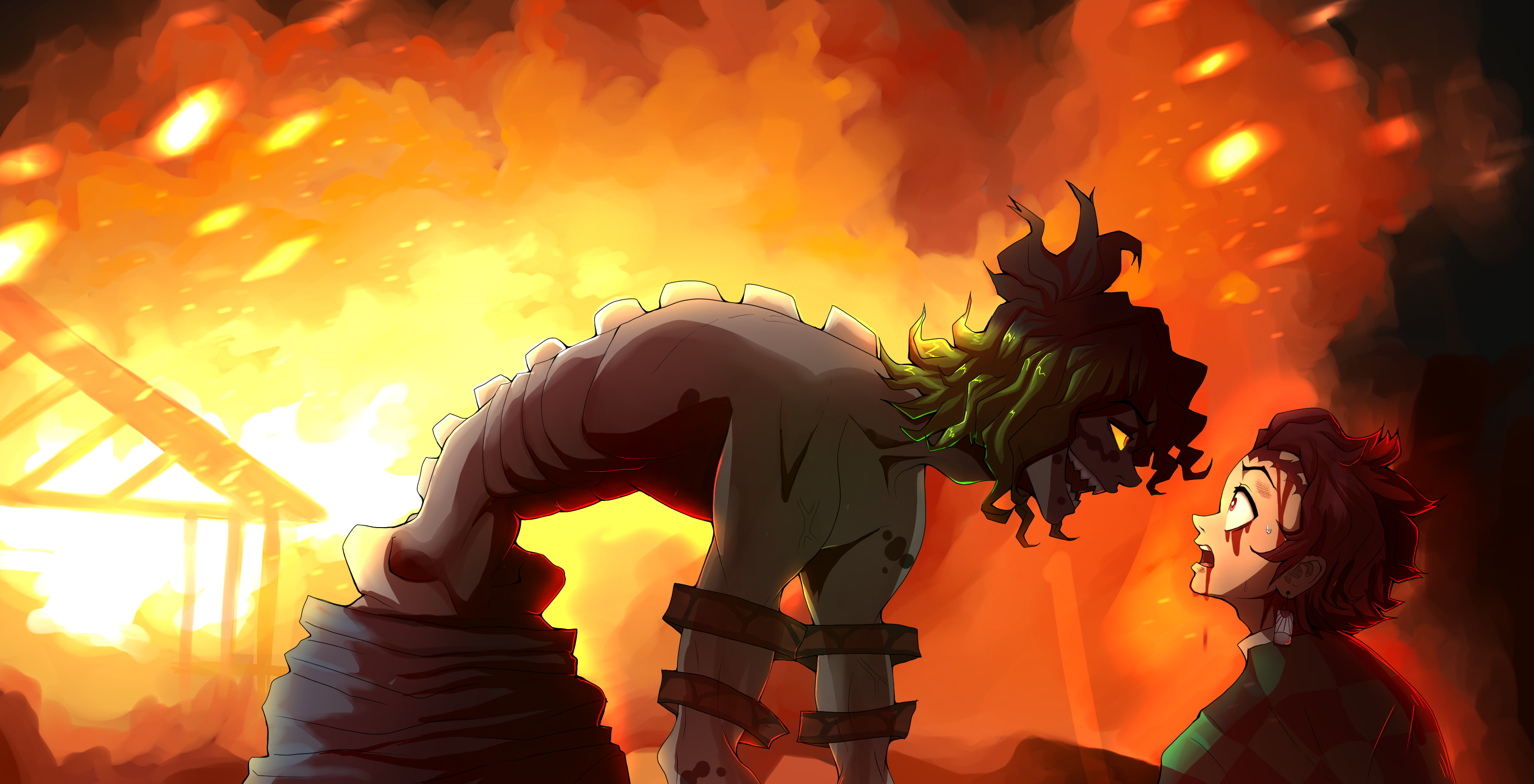 Tanjiro Kamado and Gyutaro from Demon Slayer in a fire HD Wallpaper