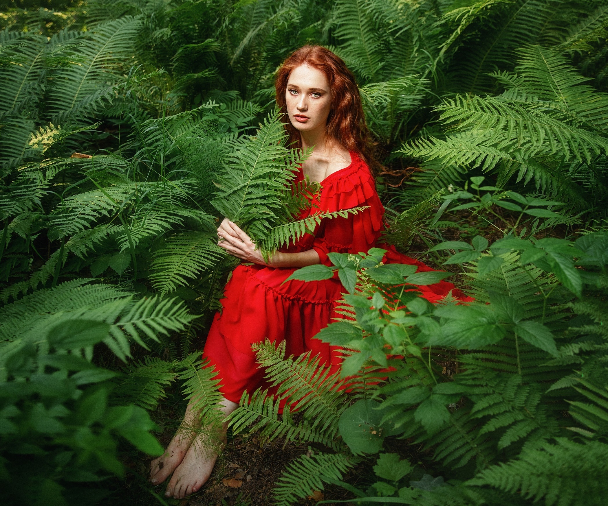 Anastasia Barmina in a red dress in a forest HD Wallpaper