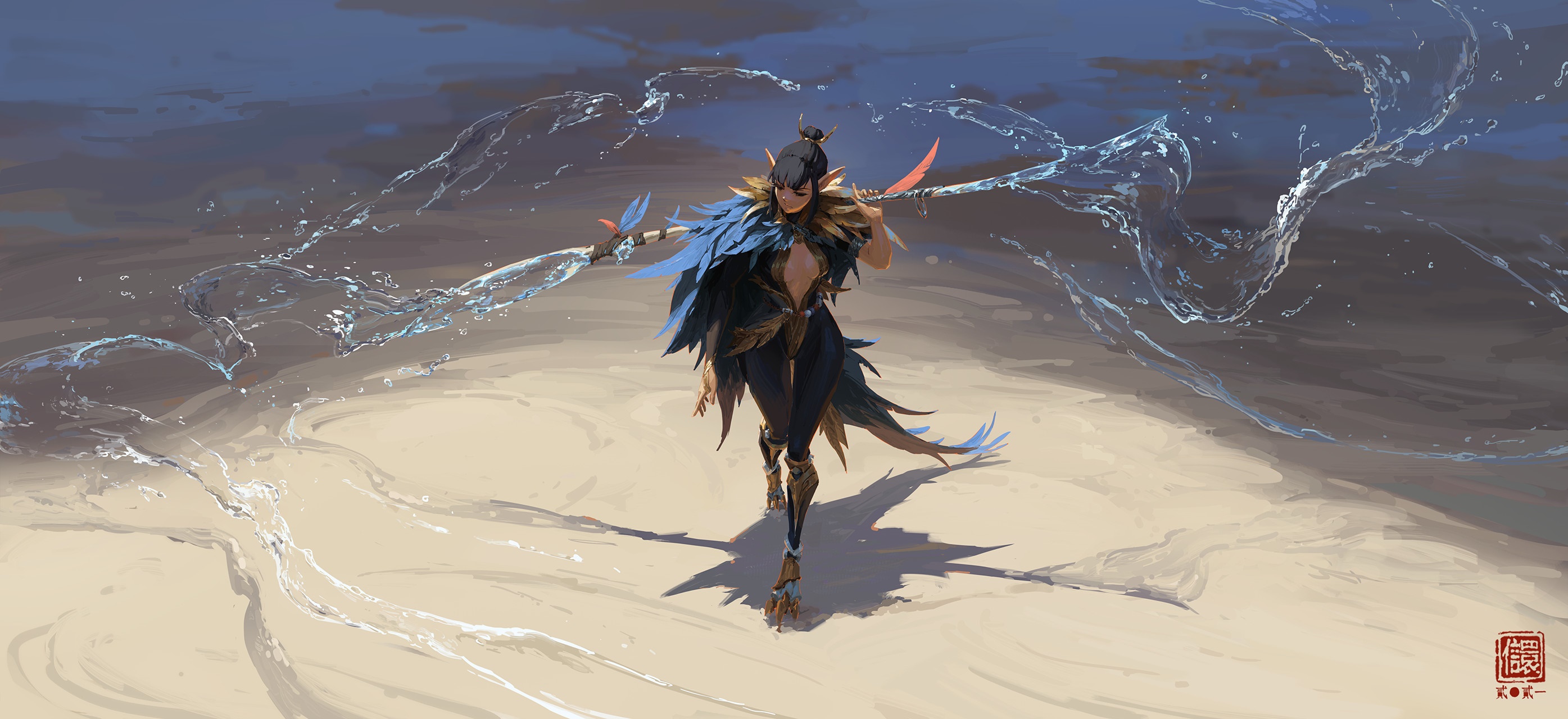 Fantasy woman warrior with blue feathers on a beach HD Wallpaper