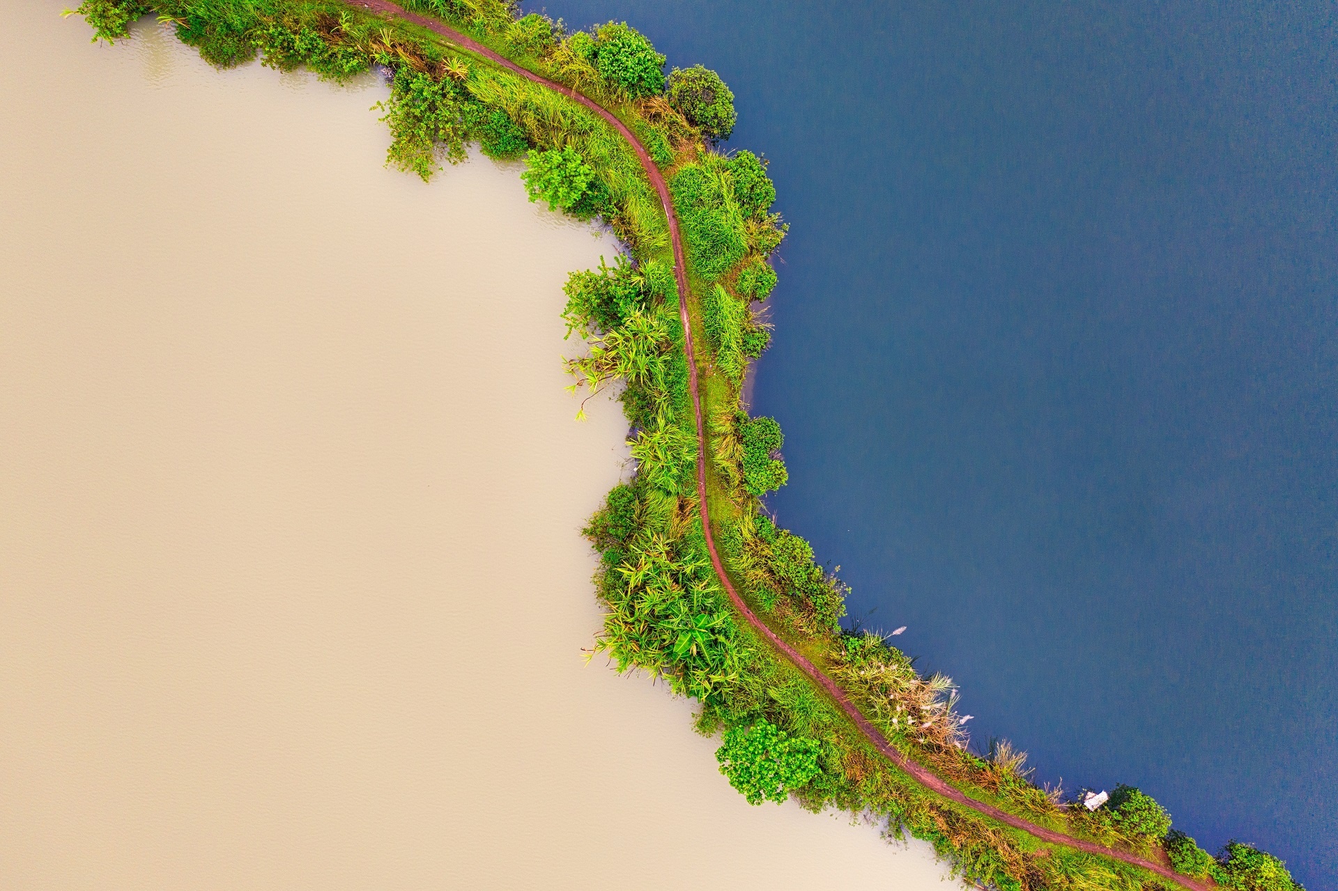 Aerial view of two contrasting bodies of water separated by a green path HD Wallpaper