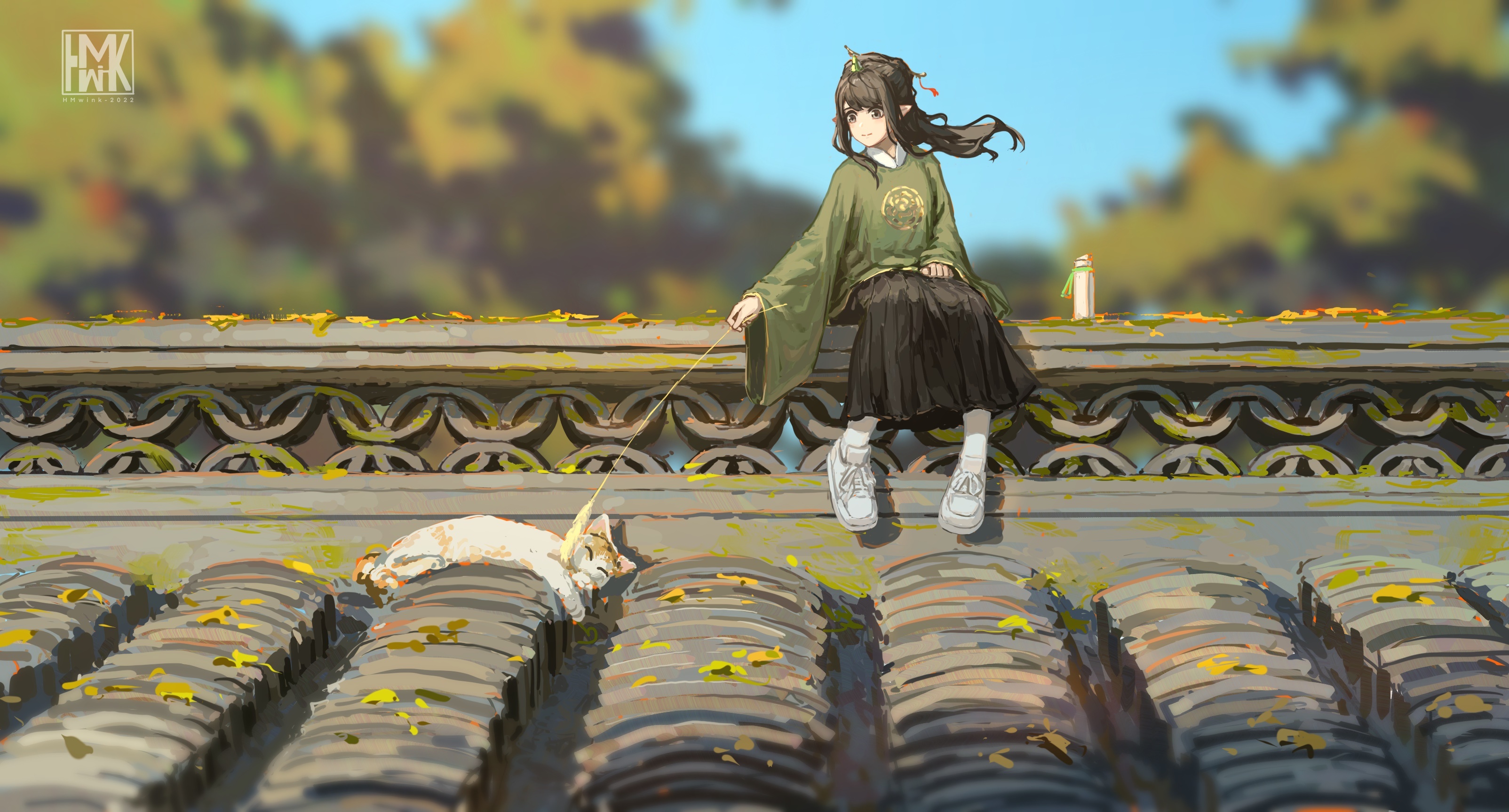 Girl with cat on a rooftop HD Wallpaper