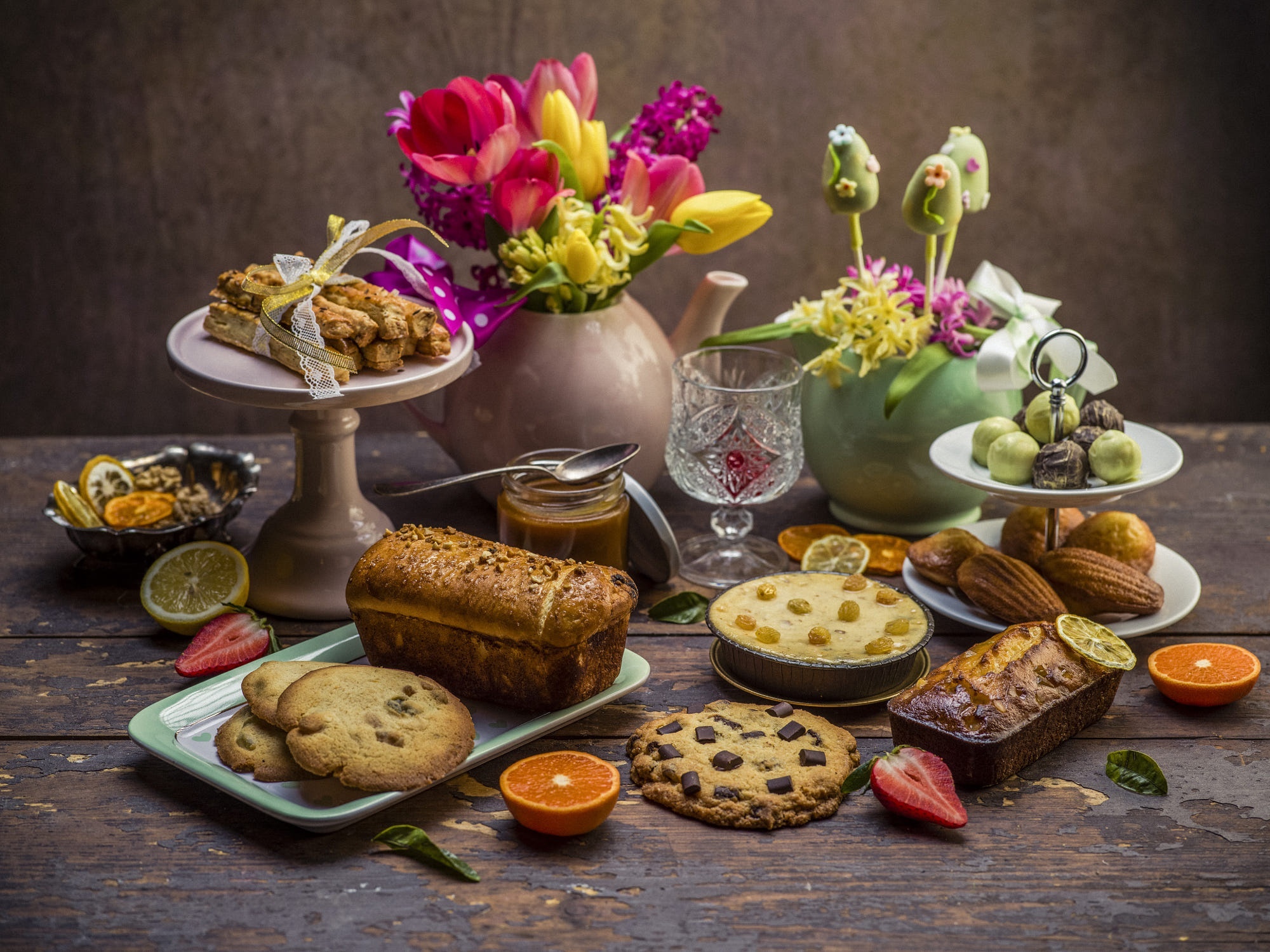 Tea Party Spread with Sweets and Flowers HD Wallpaper
