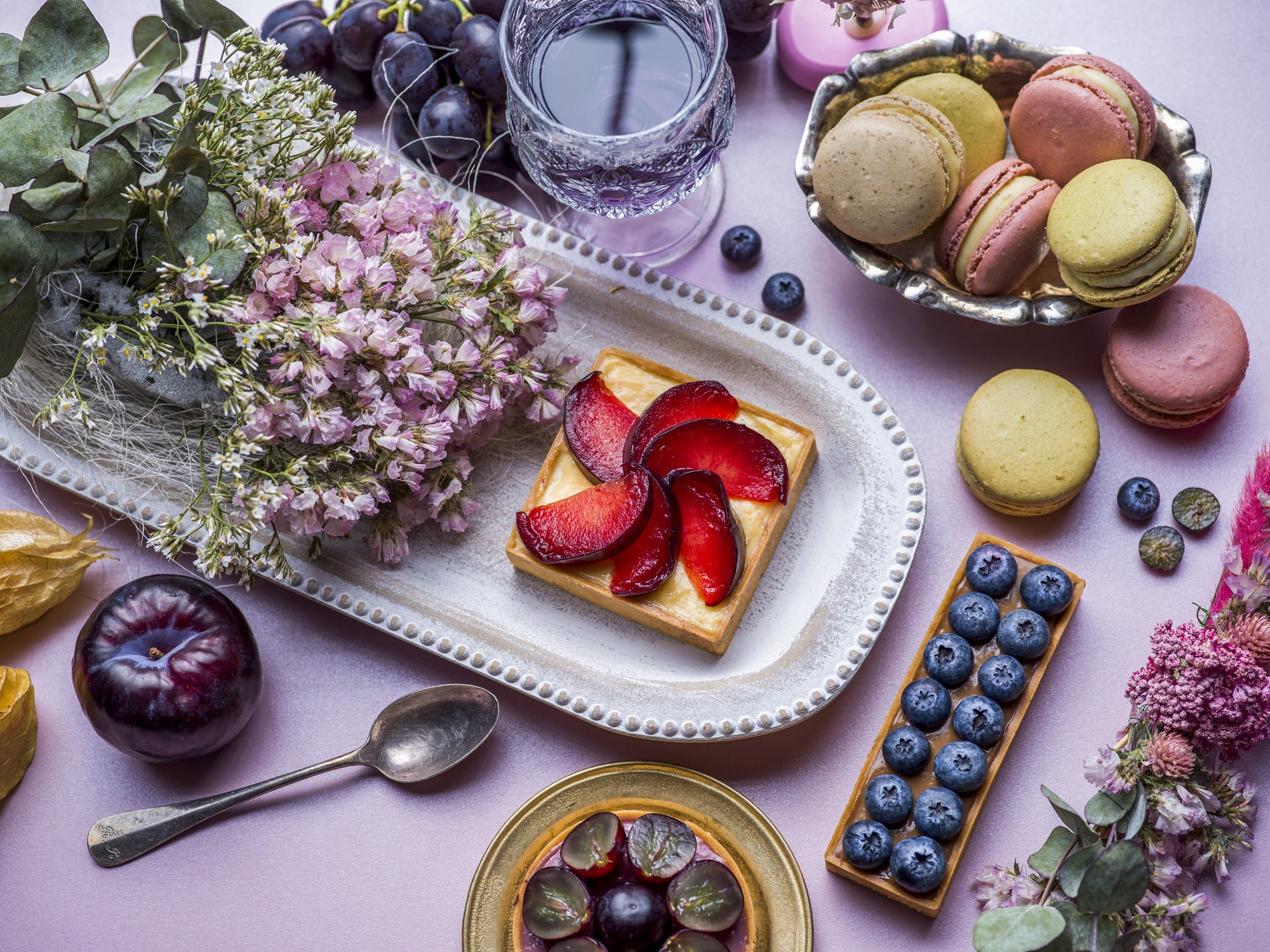 Still Life with Fruit Tart and Macarons HD Wallpaper
