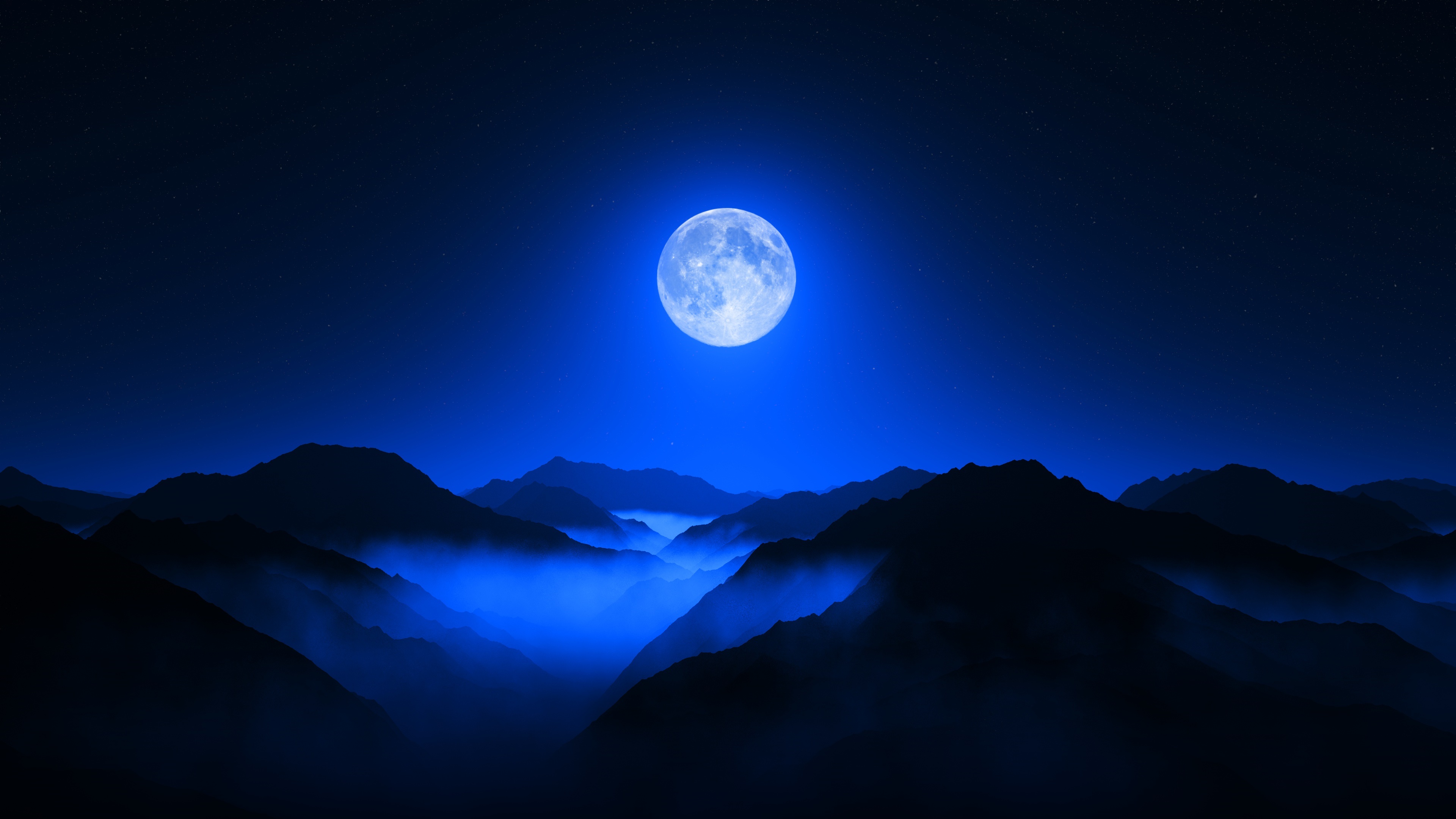 Full moon over a misty mountain valley at night HD Wallpaper