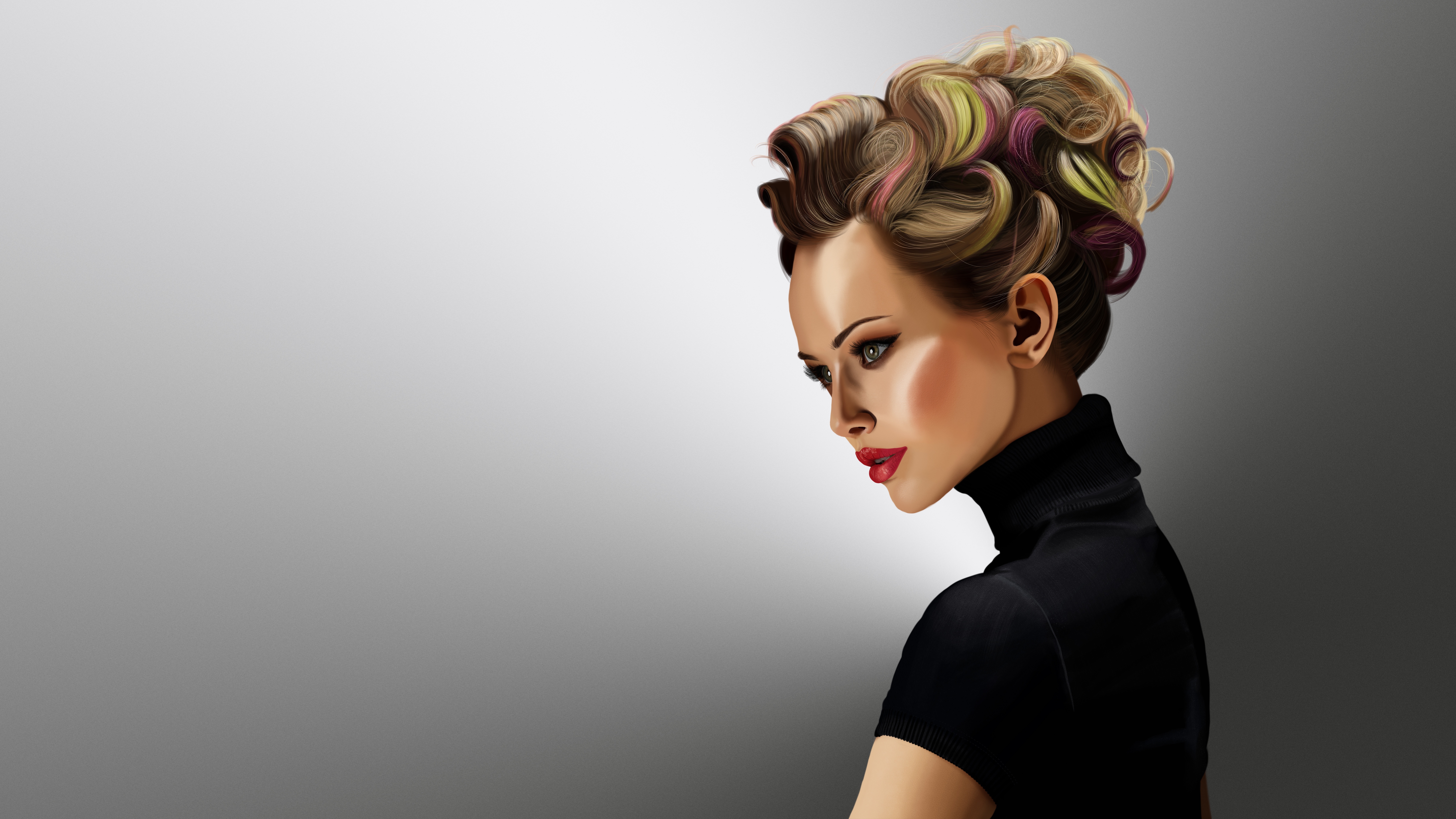 Woman with colorful hair in black turtleneck HD Wallpaper