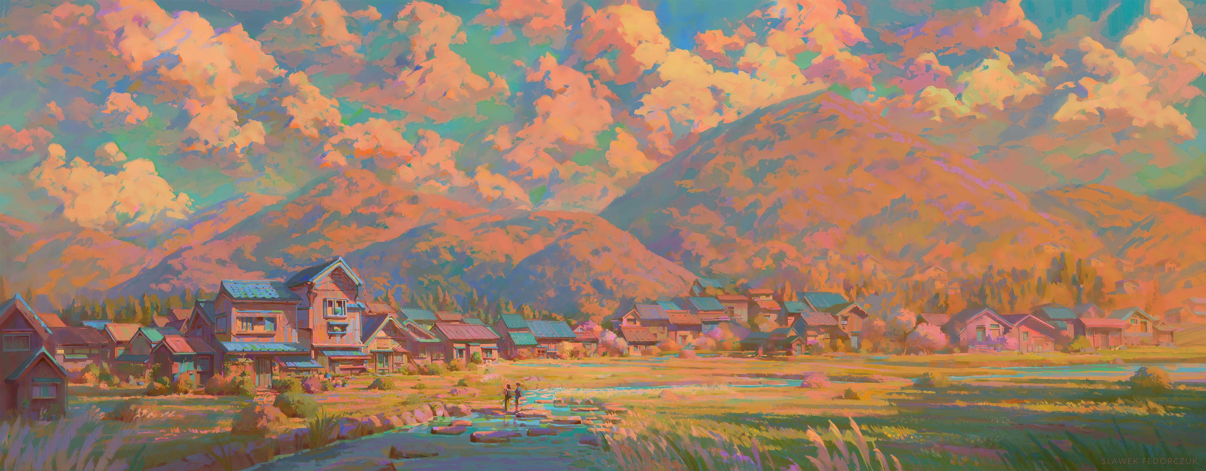 Artistic village with mountains and colorful sky HD Wallpaper