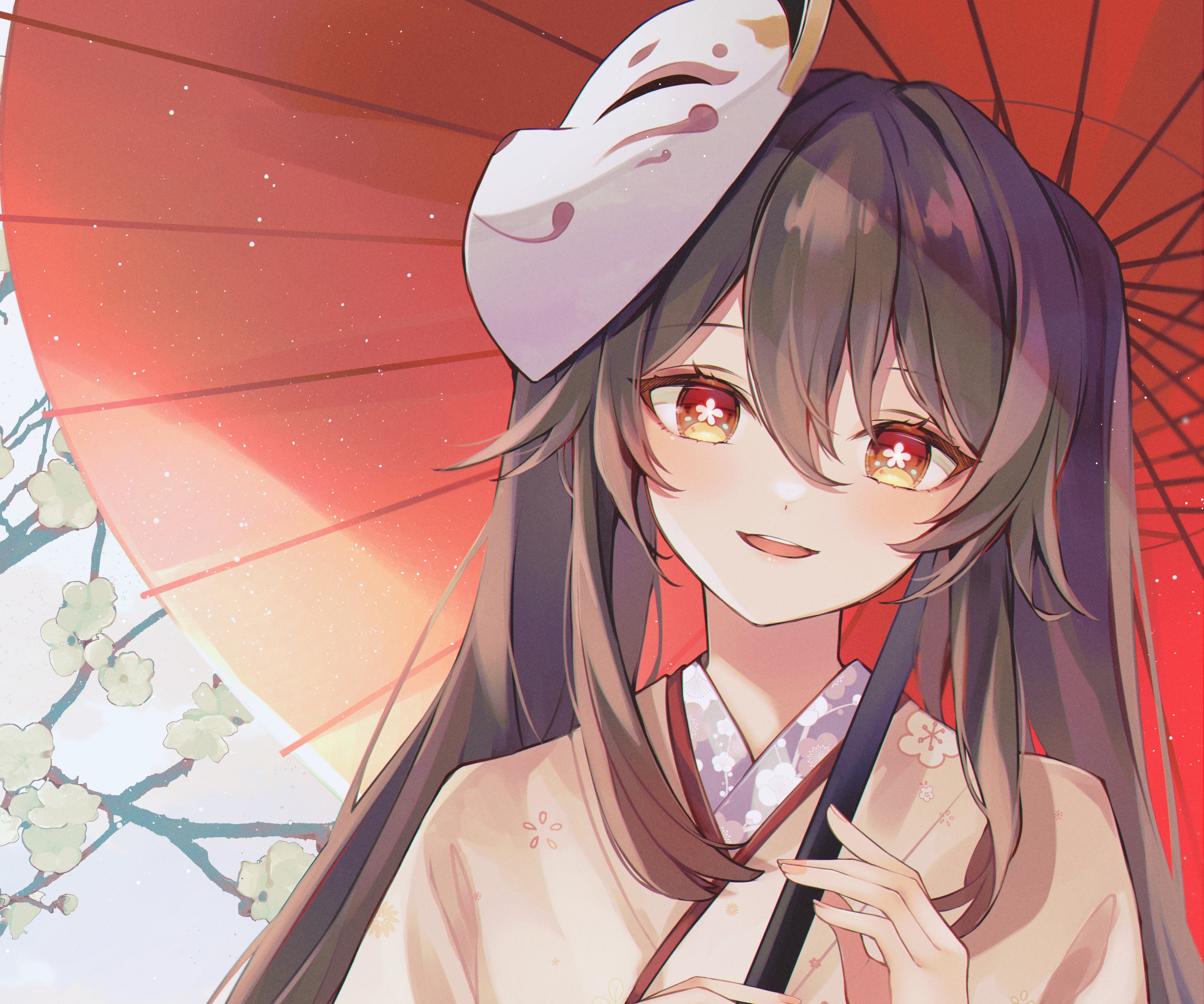 Hu Tao from Genshin Impact with a mask and umbrella HD Wallpaper