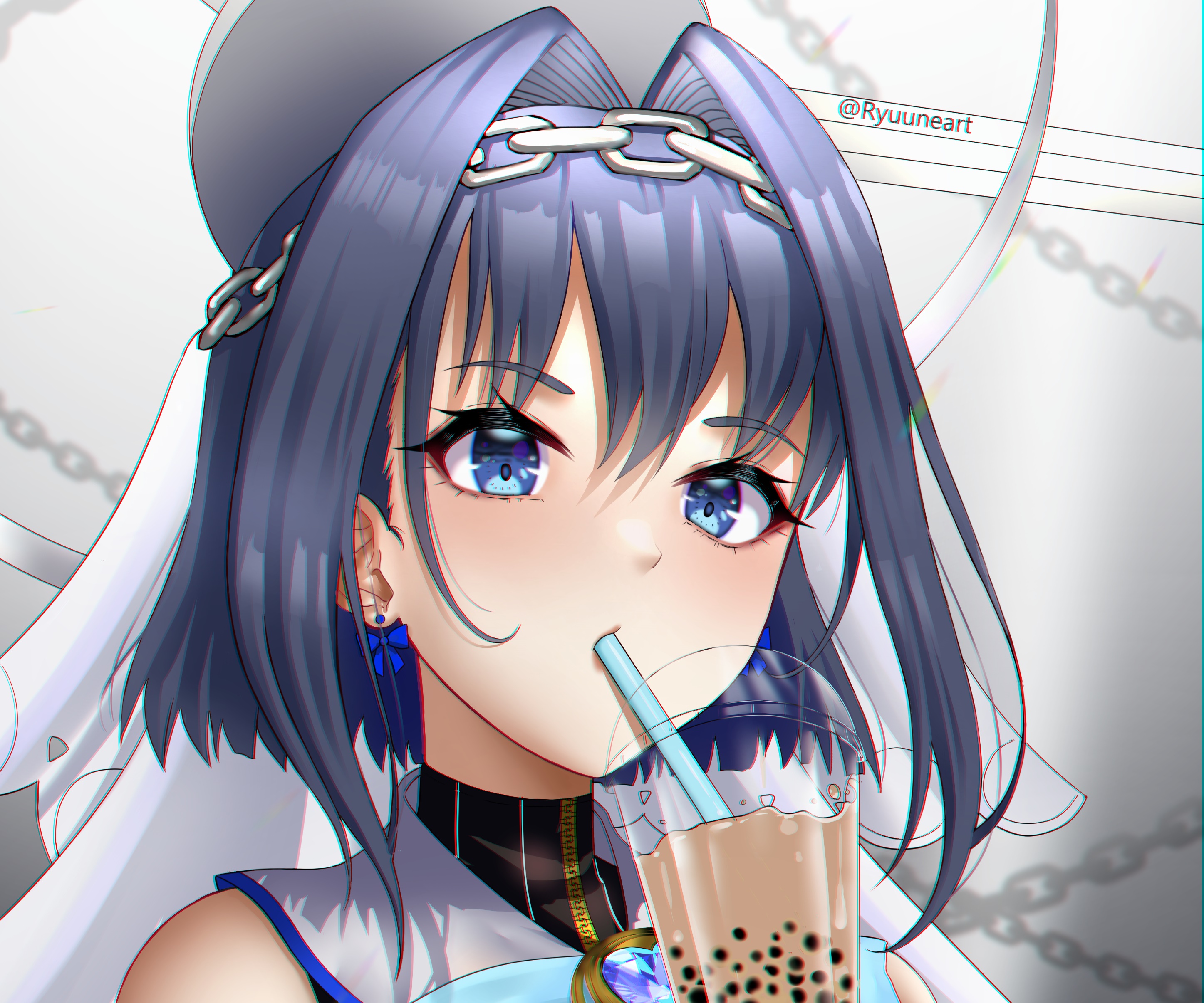 Ouro Kronii from Hololive drinking bubble tea HD Wallpaper