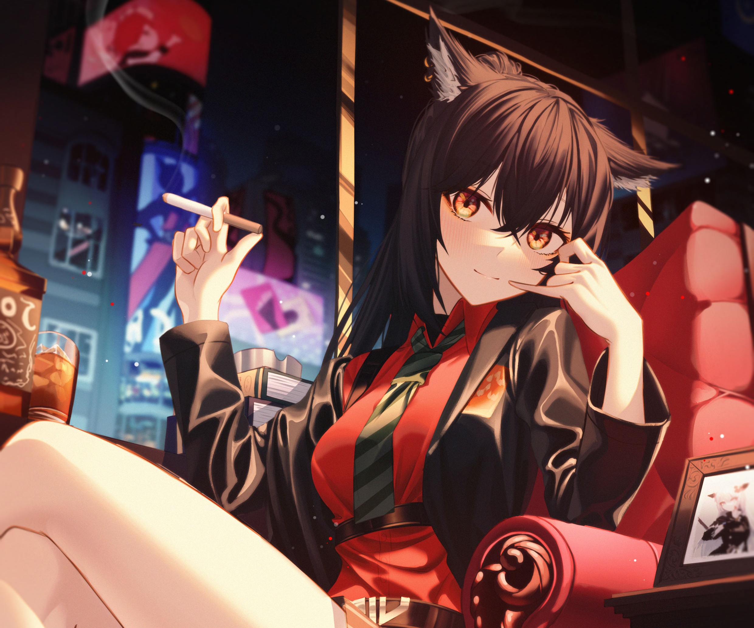 Texas from Arknights smoking in a bar HD Wallpaper