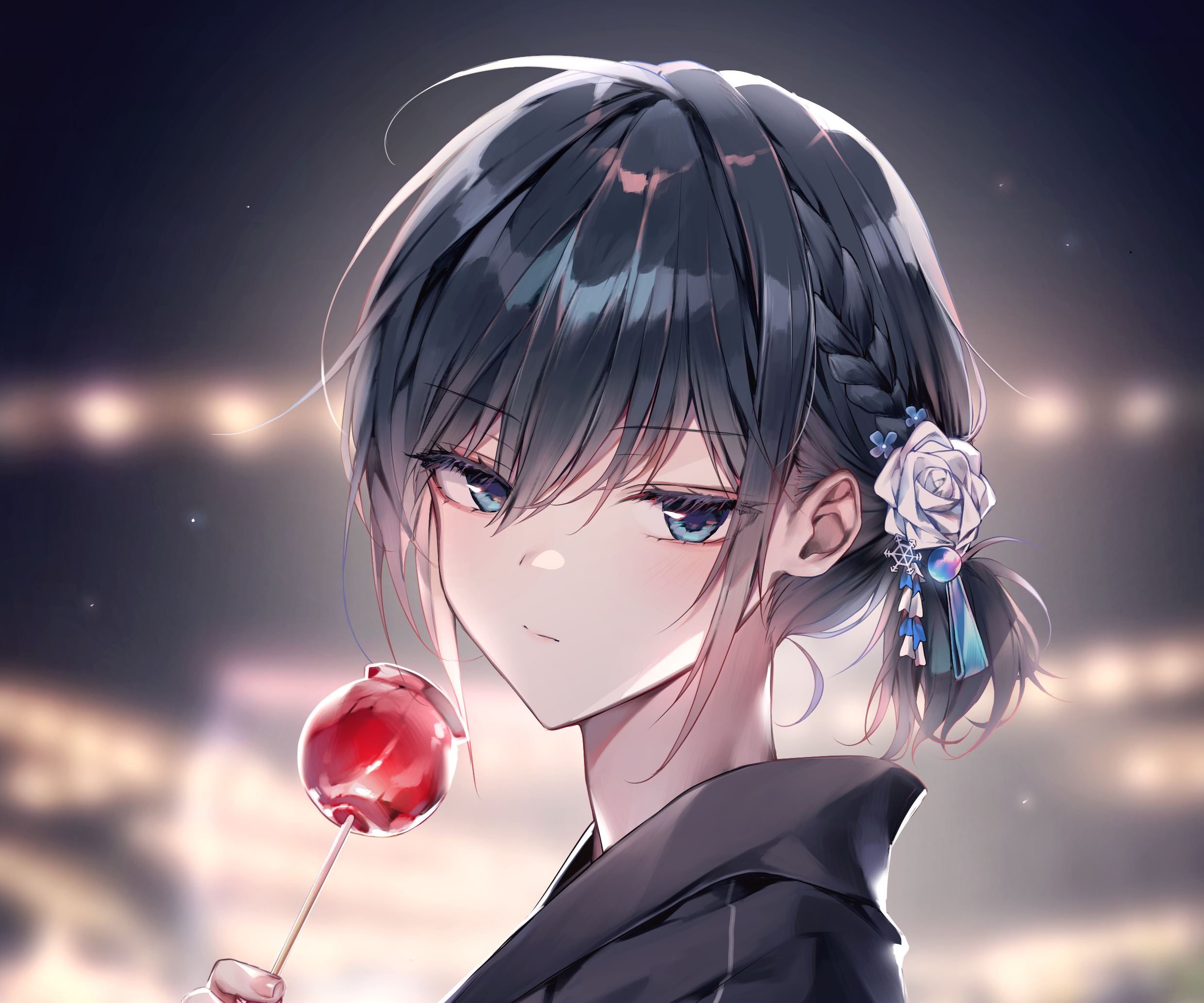 Girl with candy apple and flower in hair HD Wallpaper